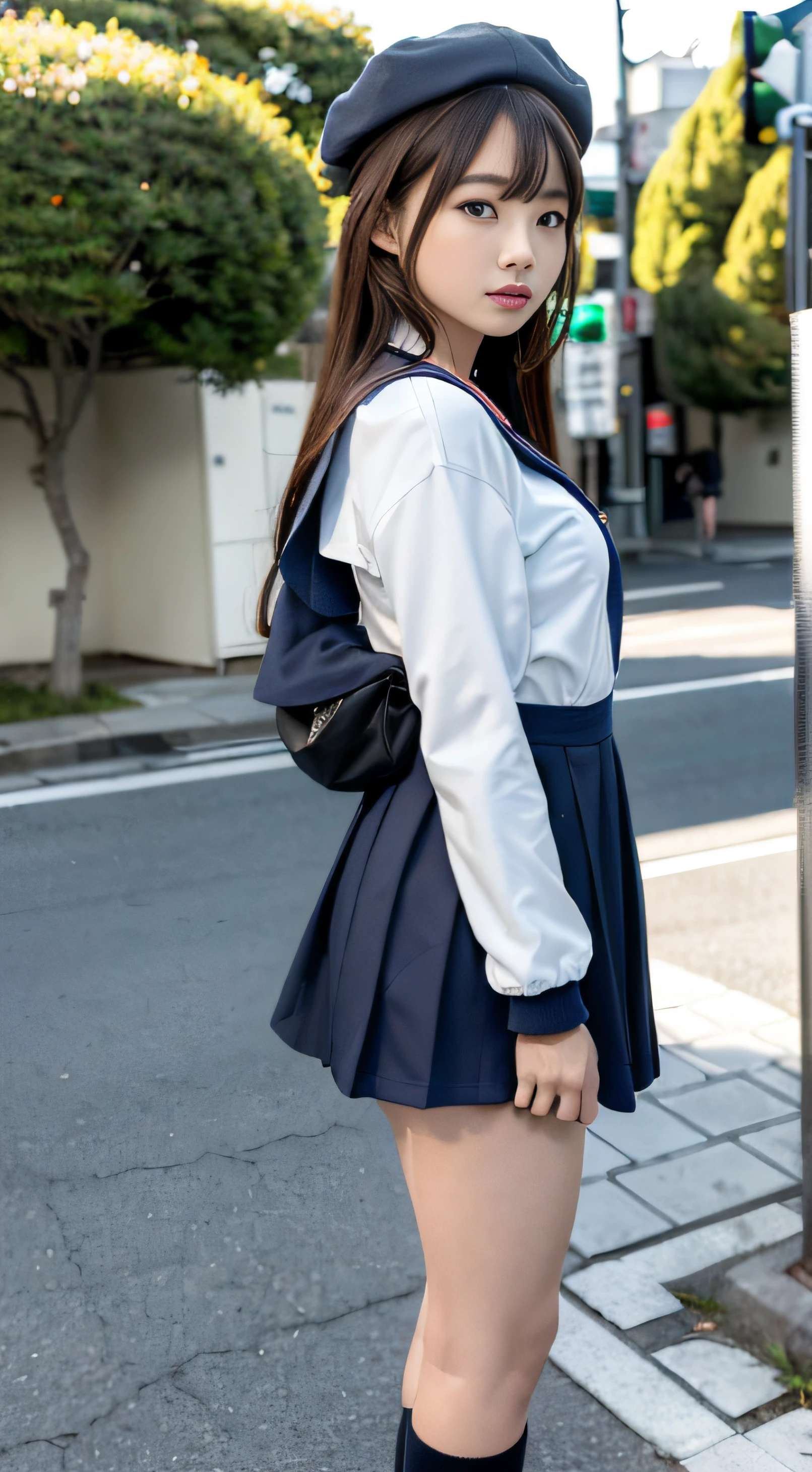 mix4, (16 K, Raw photography, Top image quality, masterpiece: 1.45), (realisitic, Photorealsitic: 1.37), one girls, 7.5, etc、Standing figure,Noon time slot、cute little, A city scape,, profetional lighting, photon maping, Cityscape with street trees, physically-based renderingt, Gradient dark brown hair,, a handsome, Well-groomed and beautiful eyes、Large double eyelids、Very shiny、girl with, (((student clothes、Long sleeve sailor suit worn by Japan schoolgirl、red cuffs、Dark blue mini skirt, Small gray beret、Dark blue knee-high socks、Black loafers))), Top Quality Photos, hight resolution, 1080p, (clearface), (Detailed face description), (Detailed hand description), (masterpiece), (Exquisite CG)、extreme light and shadows、dishevled hair、master work、abundant detail、(Fine facial features)、(top quality photo)、(masuter piece)、(A detailed eye)、Look in front of you、Fine clavicle、((Slender big))、(((Japan schoolgirl in long-sleeved sailor suit)))、((Ready Idol System))、((Boulevard with street trees、Bookstore Street、streetlights))、(Shooting from random perspectives)、(((Anyway cute)))、耳Nipple Ring、A big smile、Drawing the whole body from the knees、Do not draw nasolabial folds、(((Long-sleeved sailor suit)))、(Big breasts that hang down big:0.9)、Big buttocks with tension、Two arms and two legs、(((from the front side:0.5)))、bare hand、No mask