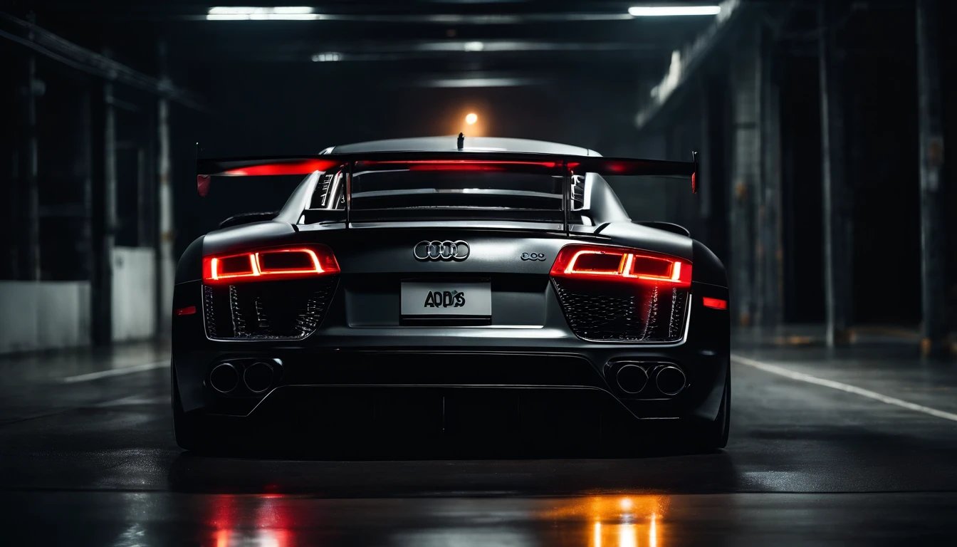 Detailed raw HD photo medium-distance photo of a (full carbon Audi R8 Racecar) with a big spoiler, race decals, racing inside a garage (darkly lit, dimly lit, discreet) grunge, menacing urban environment, metal tubes, concreating, decay, micro-details, hyperdetailed, raytracing, realism, crystal clear, photorealism, photorealistic,
(nocturnal, pitch, moody and dark:1.3) (bright headlights: 1.2)