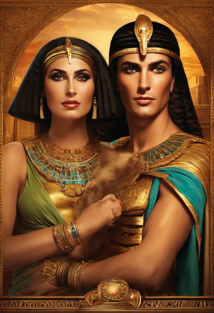 Cleopatra in bed with a man, top quality, good drawing, Beautiful face