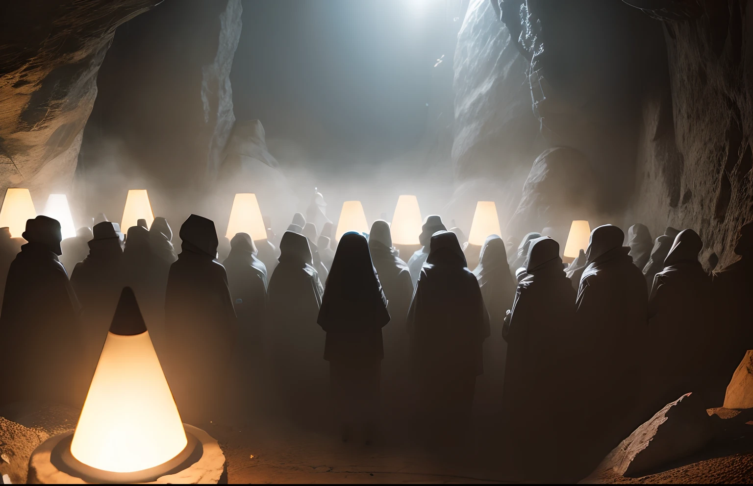 crowd of ghosts and projections of cinematographic lights on stone cave walls