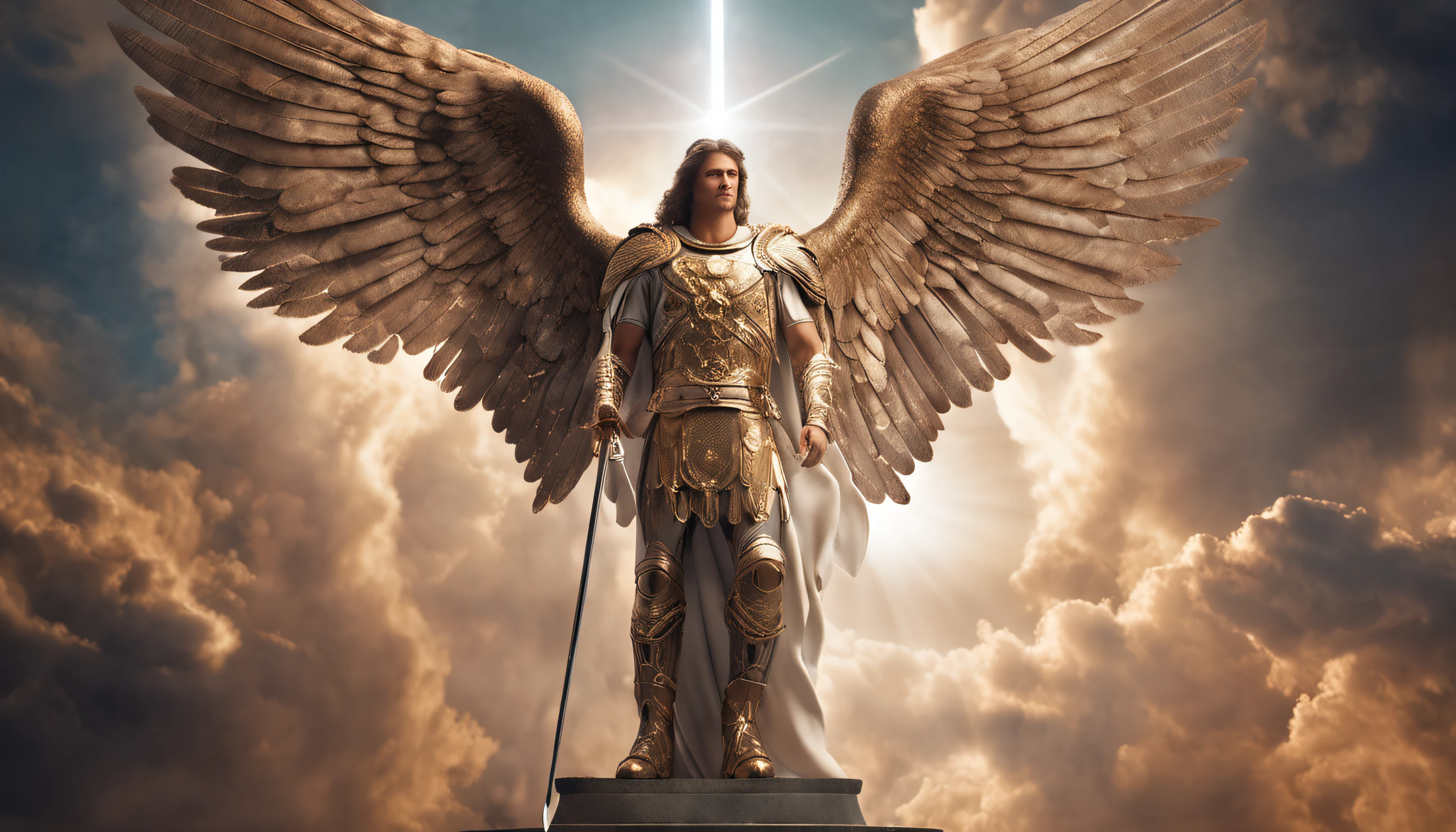 a Male character, the Archangel Michael, Celestial image, intricate details, realistic, BEIGE and large wings, Celestial background, Catholic illustrative image of the Archangel Michael, Male Character of the Bible, Michael is Wearing his Angelic Armor, Maximum details and his STRONG face and angelic wings, Perfect realistic skin, Maximum image quality, Miguel he is highlighted in the Image with strong and flashy colors.