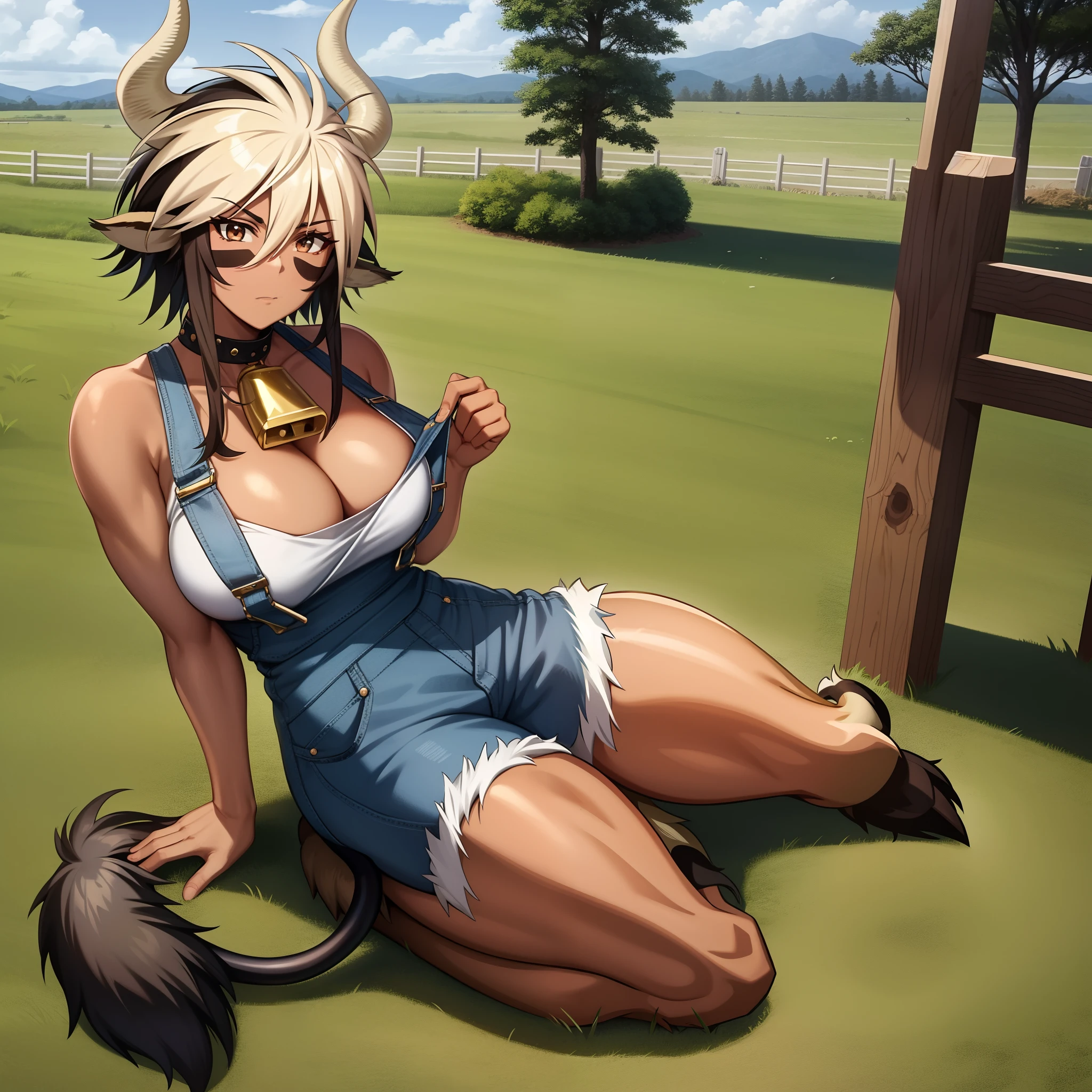 anime screencap,farm,outdoors, 
1girl, cow girl, cow horns, cow tail, muscular female, cow ears, cowbell, overalls, neck bell, solo,cow print,  (dark-skinned female:1.3), animal print, white hair, multicolored hair, dark skin, sitting, seiza, full body, hair between eyes, brown eyes, large breasts, looking at viewer, torn clothes, short hair, cleavage, brown hair, monster girl, (hooves:1.2), own hands together, black hair