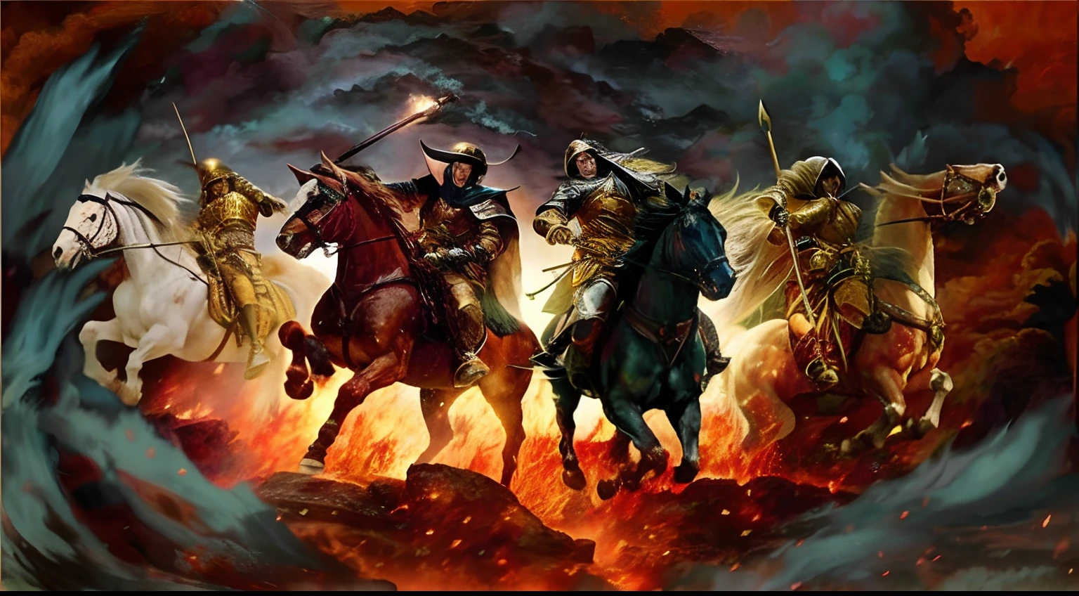 Four horsemen of the apocalypse riding through a blazing fire, Quatro Cavaleiros do Apocalipse, Cavaleiros do Apocalipse, A batalha final no inferno, wraiths riding in the sky, epic biblical representation, batalha entre o bem e o mal, epic fantasy painting, cena de batalha heroica, O Terceiro Cavaleiro, epic battle scene, badass composition, Directed by: Tahir Salahov
