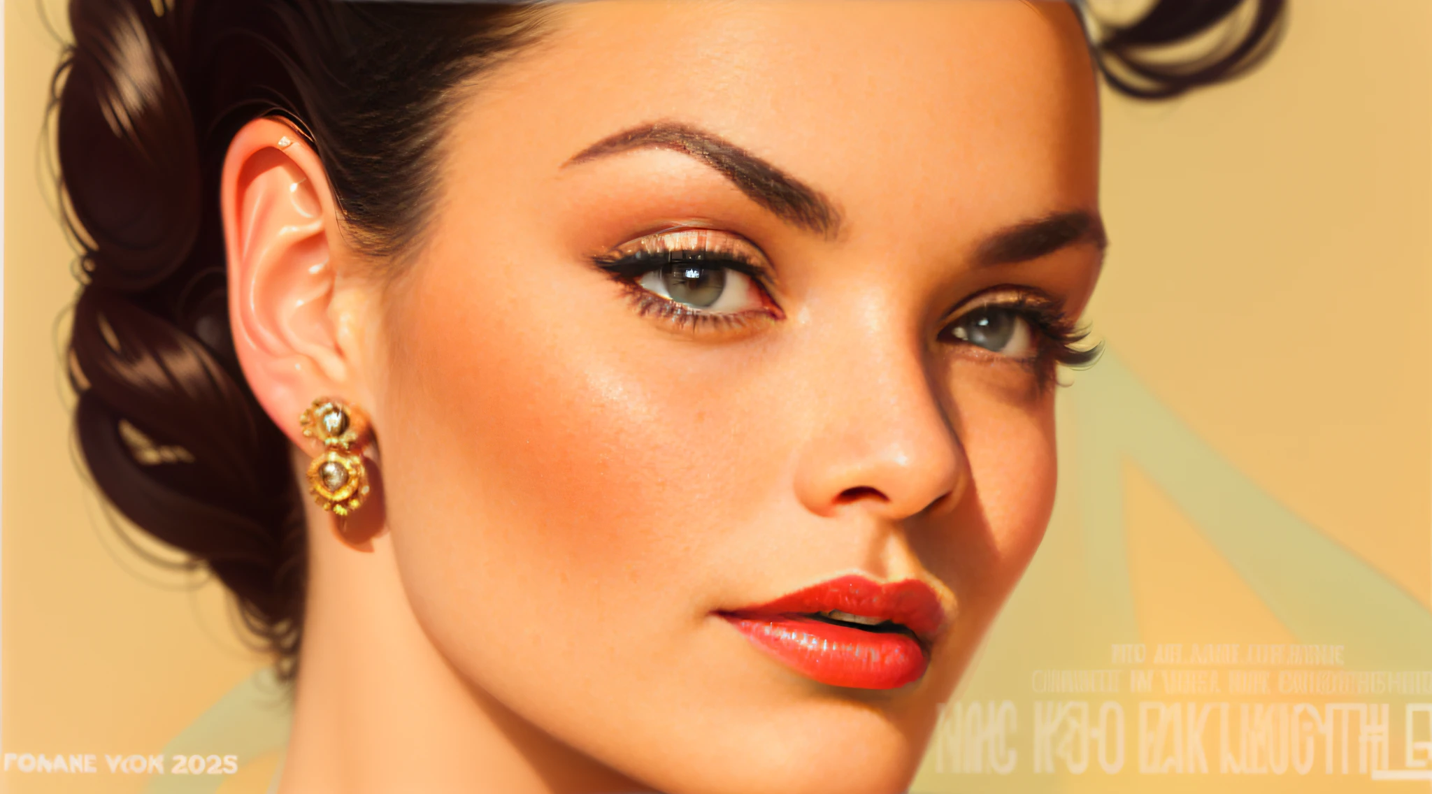 closeup, Portrait, 50s illustration style, comtemporary mature woman, supermodel, fancy 2020 dark hairstyle, 50s ads style, Vogue magazine, Chanel clothes, classic elegance, film stills, film shot, focal length Kodak Ektar, young woman, supermodel, fancy 50s hairstyle, Life magazine, classic elegance, flat orange background