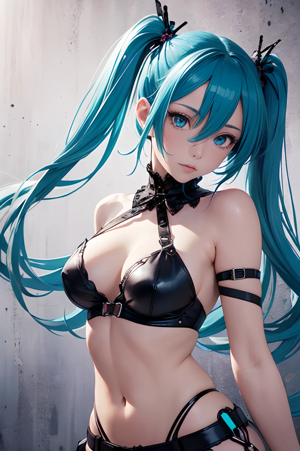 goth_punk, 1girl in, 独奏,、top-quality, Photorealistic, An ultra-fine illustrations, beautiful attractive anime girl, miku hatsune, Slender body, Tied hair, one girls, a photo of girl, Full body shot, Beautiful blue eyes, Turned,