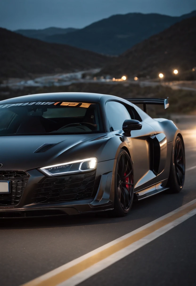 Detailed raw HD photo medium-distance photo of a (full carbon Audi R8 Racecar) with a big spoiler, race decals, racing up a mountain on a curved road looking over a (darkly lit, dimly lit, discreet) grunge city, , menacing urban environment, metal tubes, concreating, decay, micro-details, hyperdetailed, raytracing, realism, crystal clear, photorealism, photorealistic,
(nocturnal, pitch, moody and dark:1.3) (bright headlights: 1.2)