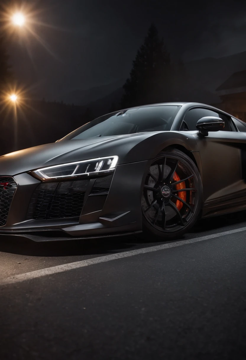 Detailed raw HD photo medium-distance photo of a (full carbon Audi R8 Racecar) with a big spoiler, race decals, racing up a mountain on a curved road looking over a (darkly lit, dimly lit, discreet) grunge city, , menacing urban environment, metal tubes, concreating, decay, micro-details, hyperdetailed, raytracing, realism, crystal clear, photorealism, photorealistic,
(nocturnal, pitch, moody and dark:1.3) (bright headlights: 1.2)