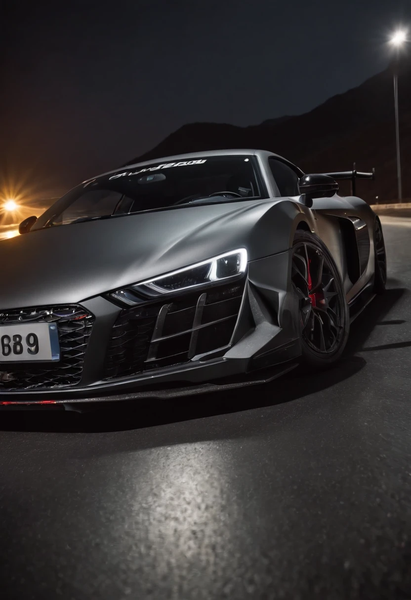 Detailed raw HD photo medium-distance photo of a (full carbon Audi R8 Racecar) with a big spoiler, race decals, racing up a mountain on a curved road looking over a (darkly lit, dimly lit, discreet) grunge city, , menacing urban environment, metal tubes, concreating, decay, micro-details, hyperdetailed, raytracing, realism, crystal clear, photorealism, photorealistic,
(nocturnal, pitch, moody and dark:1.3) (bright headlights: 1.2)