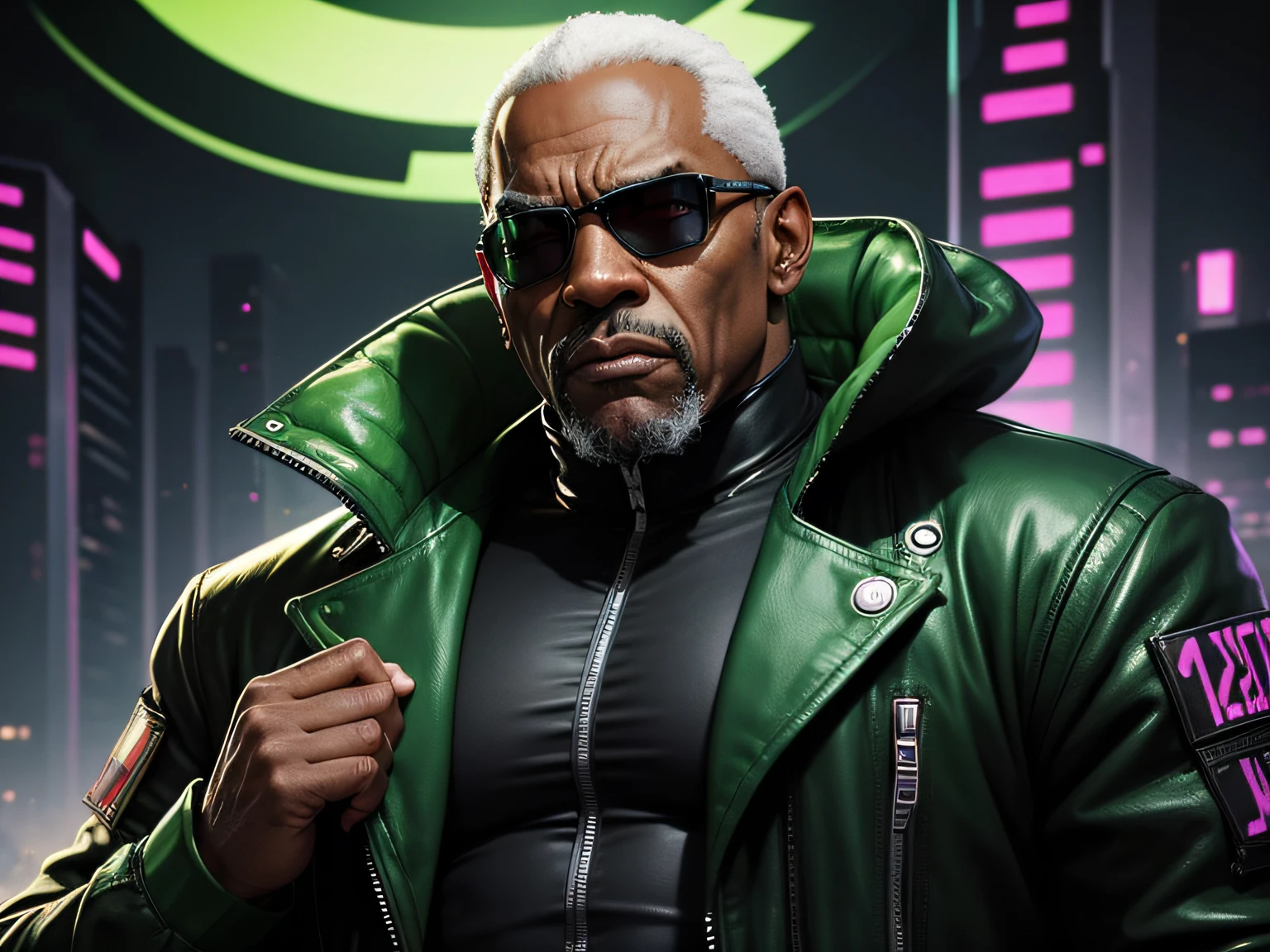 dictator, old black man cyberpunk green clothes