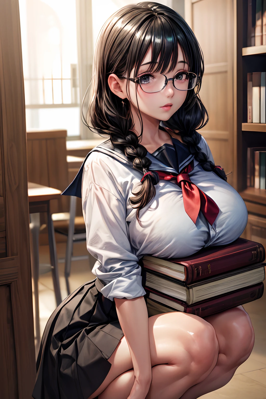 (masterpiece, best quality, highly detailed, ultra detailed, high resolution, absurdres, 4K, 8K:1.2), (official art, incredibly fine illustration, extremely detailed CG, detailed background, professional lighting, dynamic angle, perfect hands, detailed shiny skin, detailed hair, detailed eyes), braided pigtails, glasses, library, Girl in uniform, serafuku, White shirt, Black skirt, Black hair, Shiny hair, Shiny skin, carried breast rest, carrying, stack of books, squat