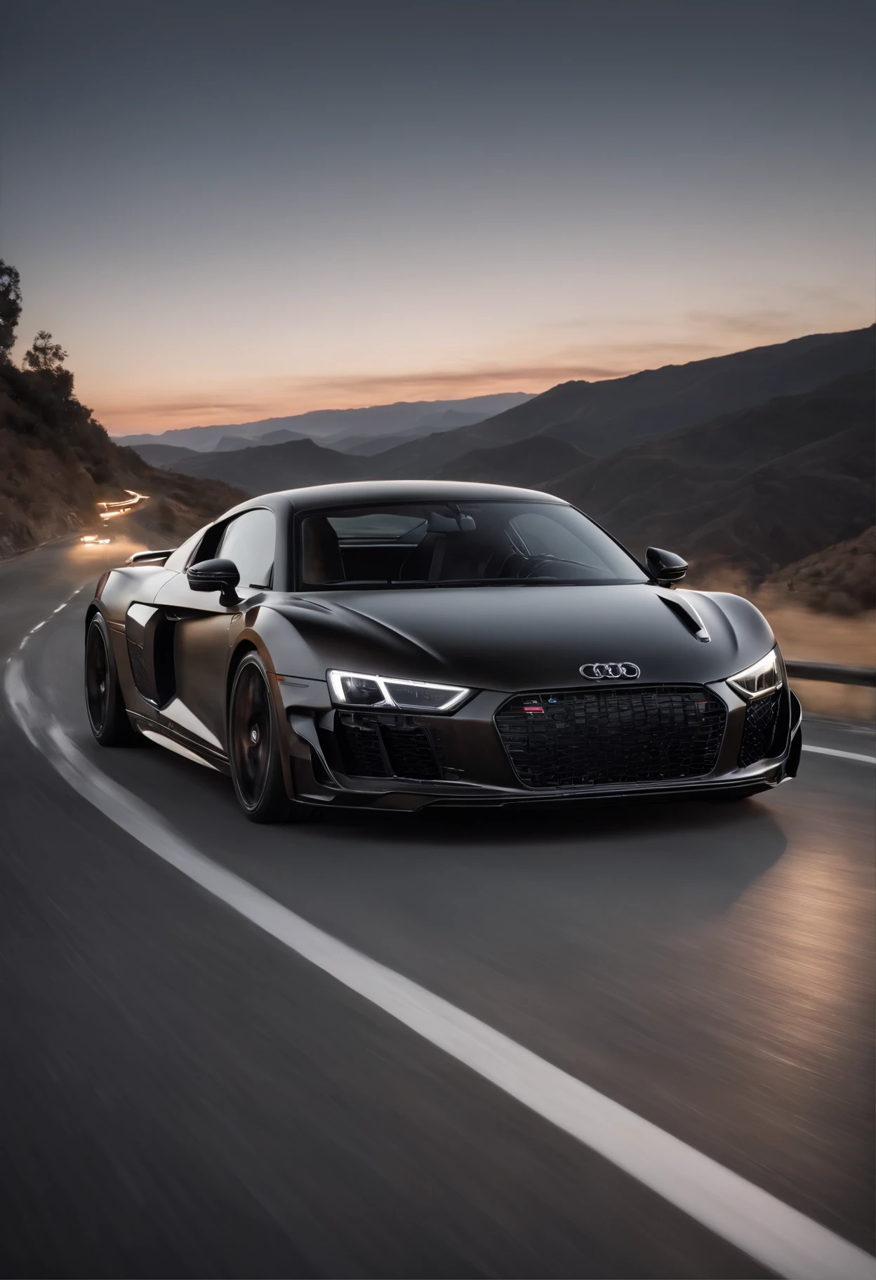 Detailed raw HD photo medium-distance photo of a (full carbon Audi R8 Racecar) with a big spoiler, race decals, racing up a mountain on a curved road looking over a (darkly lit, dimly lit, discreet) grunge city, , menacing urban environment, metal tubes, concreating, decay, micro-details, hyperdetailed, raytracing, realism, crystal clear, photorealism, photorealistic,
(nocturnal, pitch, moody and dark:1.3) (bright headlights: 1.2)
