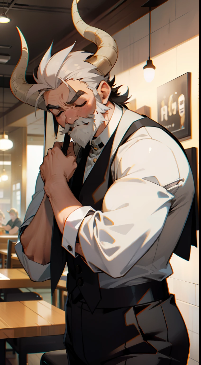 1man,50s ,solo,happy face,white shirt, black pants,gray beard,gray hair,closed eyes,black horns,muscle,restaurant background,