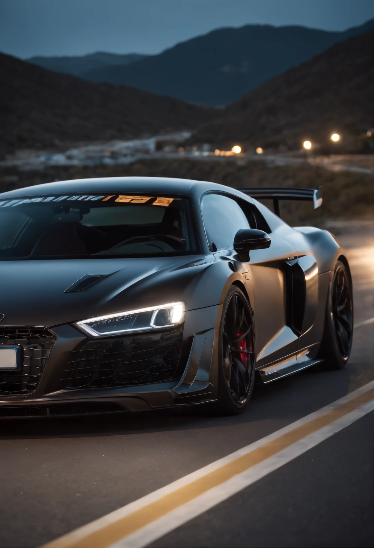 Detailed raw HD photo medium-distance photo of a (full carbon Audi R8 Racecar) with a big spoiler, race decals, racing up a mountain on a curved road looking over a (darkly lit, dimly lit, discreet) grunge city, , menacing urban environment, metal tubes, concreating, decay, micro-details, hyperdetailed, raytracing, realism, crystal clear, photorealism, photorealistic,
(nocturnal, pitch, moody and dark:1.3) (bright headlights: 1.2)
