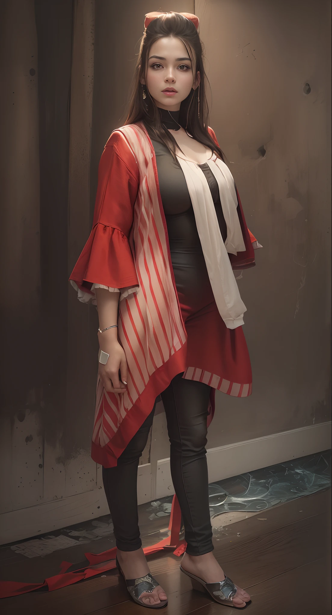 Top Quality, Masterpiece, Ultra High Definition, (Photorealistic: 1.4), Raw Photo, 1 Girl, Dark Hair, Glossy Skin, Dramatic Lighting, Full Body,, Red Dress, Colossal
