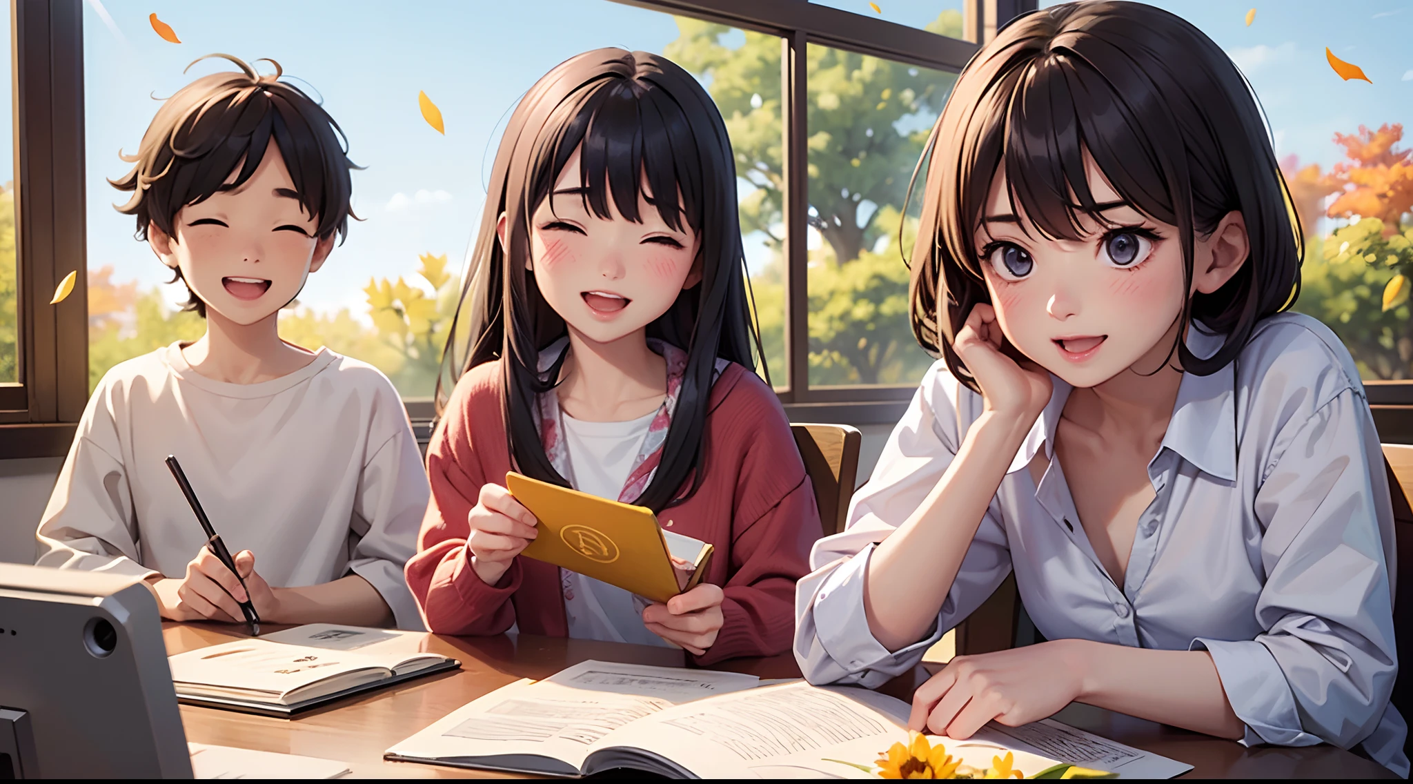 photoRealstic、A scene from a coming-of-age movie、Sit at your desk and enjoy studying with friends、Opens mouth and laughs、up of face、flower petals、season!!: 夏天☀ 🍂