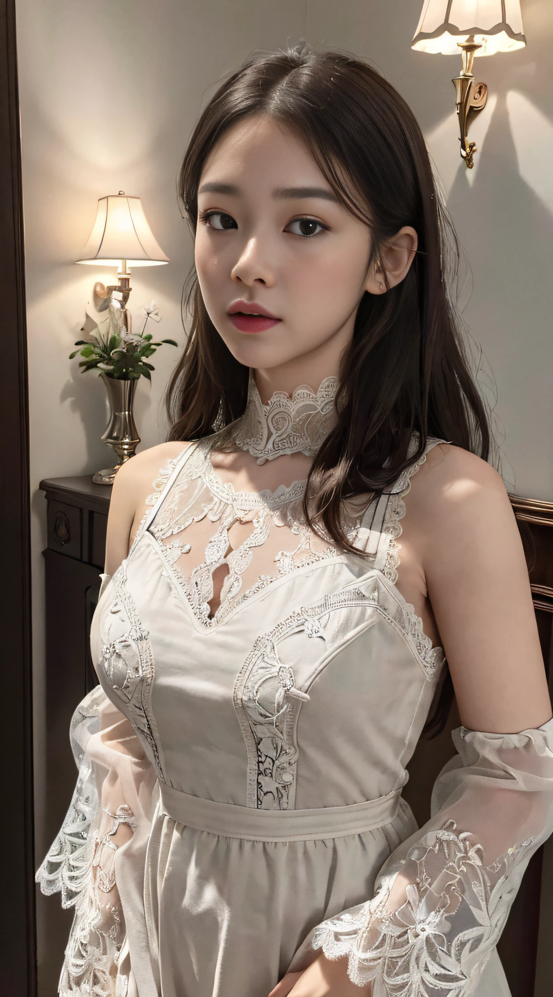 (RAW photo, Best quality), (Realistic, photo-realistic:1.2),High quality, (highdetailskin:1.4), 1girll,white lace eye mask covers eyes, white lace dress