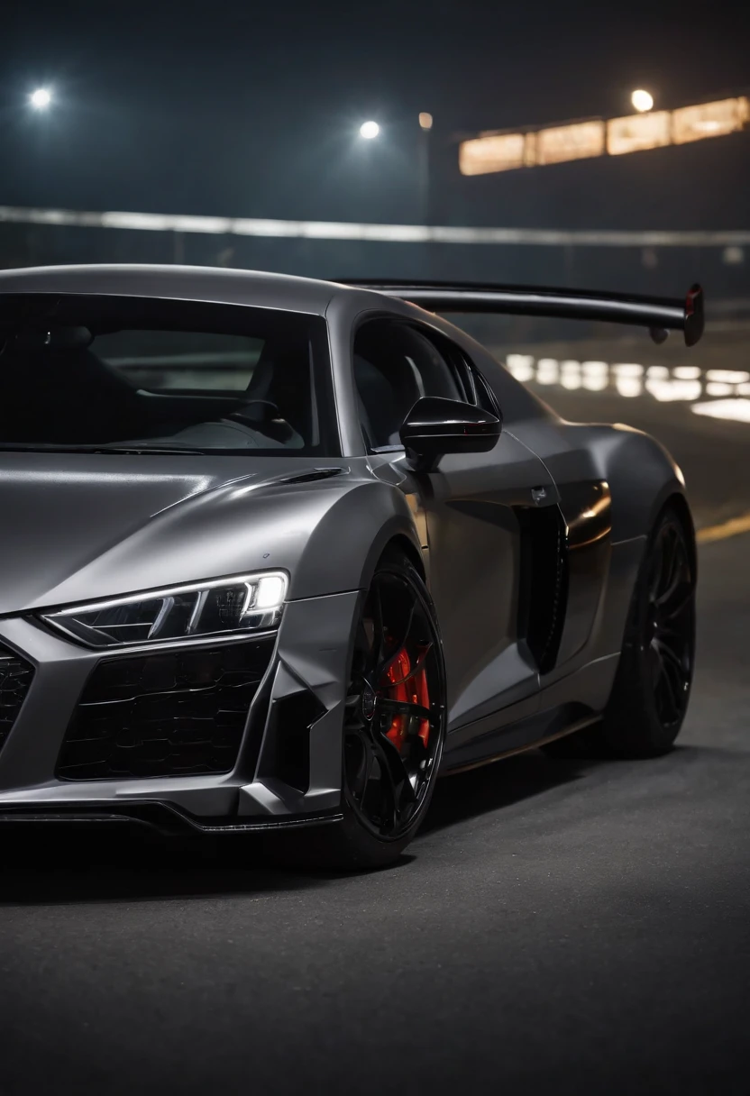 Detailed raw HD photo medium-distance photo of a (full carbon Audi R8 Racecar) with a big spoiler, race decals, racing up a mountain on a curved road looking over a (darkly lit, dimly lit, discreet) grunge city, , menacing urban environment, metal tubes, concreating, decay, micro-details, hyperdetailed, raytracing, realism, crystal clear, photorealism, photorealistic,
(nocturnal, pitch, moody and dark:1.3) (bright headlights: 1.2)