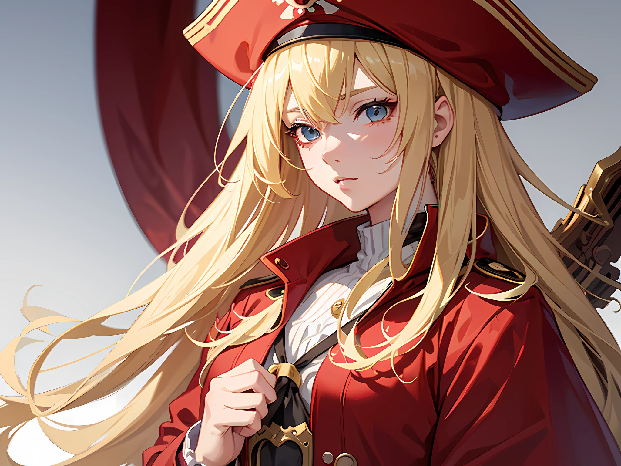 A solo, blonde anime girl in a red coat and pirate hat, letter "A" in center of hat, (sad:1.2), trending on ArtStation Pixiv, high detailed official artwork, ultra-detailed, realistic:1.37, professional, vivid colors, complementary color palettes, soft lighting