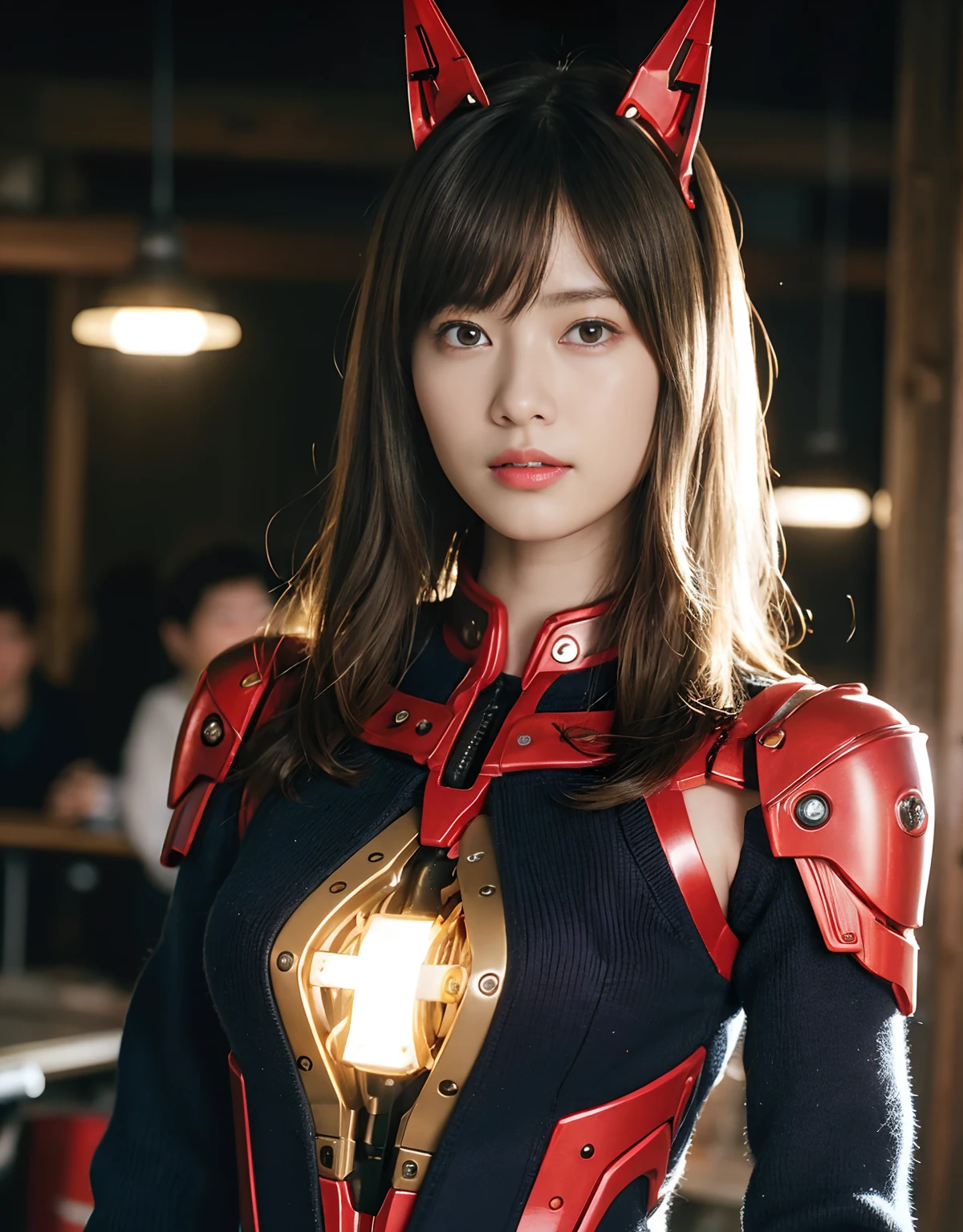 (1 Mechanical Girl)、top-quality、masterpiece、超A high resolution、(Photorealsitic:1.4)、Raw photo、女の子1人、Golden hair、glowy skin、(((1 Mechanical Girl)))、(LED Lamp Mechanical Helmet)、(Small LED)、((super realistic details))、portlate、globalillumination、Shadow、octan render、8K、ultrasharp、Colossal tits、Raw skin is exposed in cleavage、metals、Details of complex ornaments、Japan details、highly intricate detail、Realistic light、CGSoation Trends、Red Eyes、radiant eyes、Facing the camera、neon details、(Mechanical limbs)、(blood vessels connected to tubes)、Mechanical vertebrae attached to the back、mechanical cervical attaching to neck、(Wires and cables connecting to the head)、Gundam、Small LED、,Mechanical thighs、Toostock、