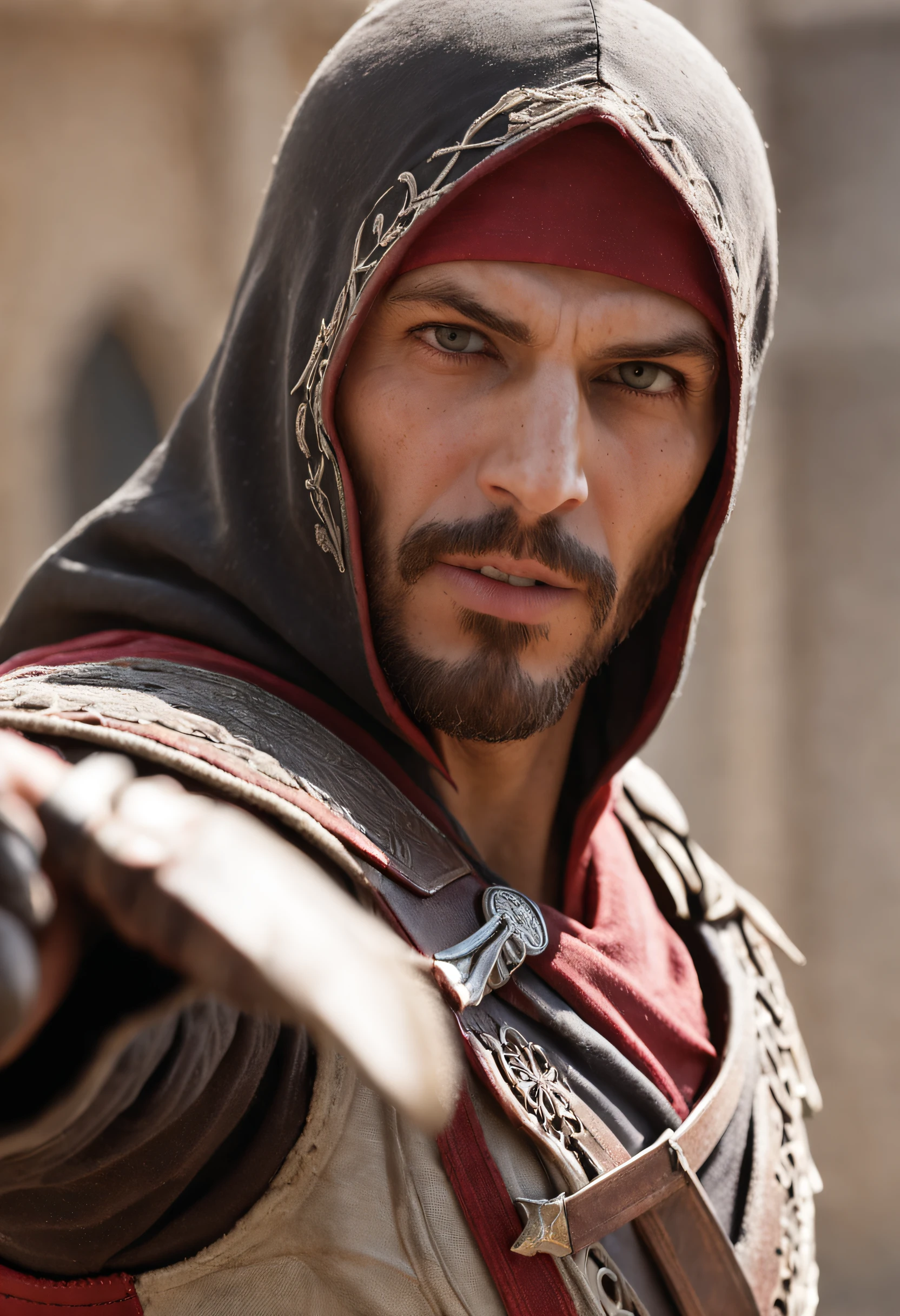 Ezio segurando um sabre de luz