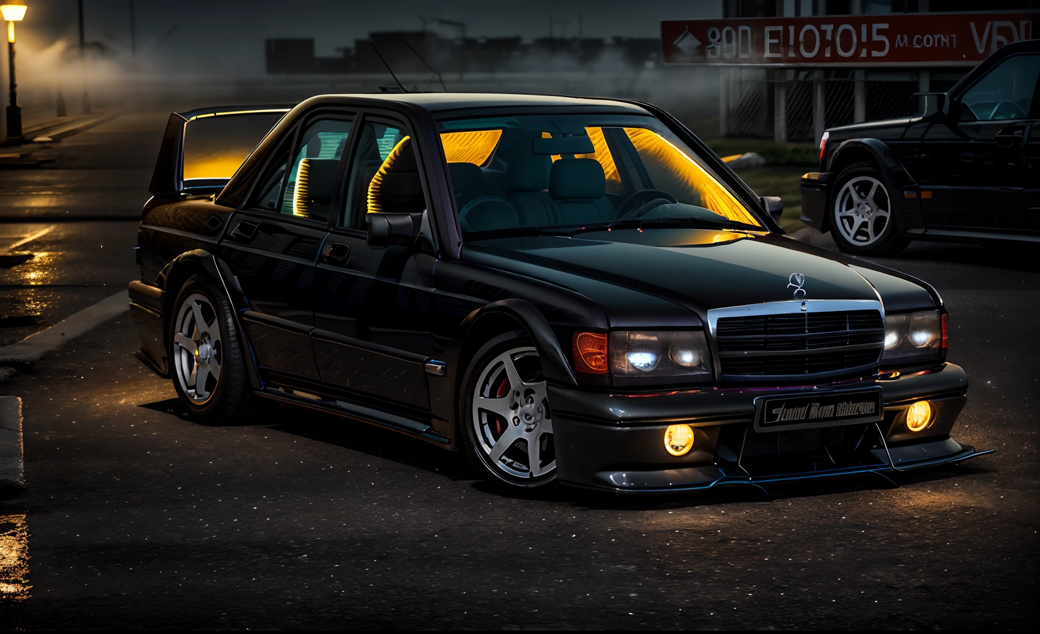 mid distance shot of detailed raw hd photo of a (190evo:1.4) ,car,vehicle,ground vehicle,sedan,4 door vehicle,parked inside a (darkly lit parking garage ,dimly lit, low key )grunge, urban menacing ambience, metal pipes, concreate, decay (nighttime, pitch black, moody and dark:1.3) (glowing headlights:1.2),(Highres), (Detailed Illustration), Ultra-Detailed, Ambient Light, Backlighting, Realistic Shadows, , Light Particles, Digital Art, Soft Light, Soft Lighting, White Light, White Lighting,Indirect Lighting, Reflections,f / 3 2, 3840 x 2160 ,arafed,best quality,High Detail, Sharp focus, ((photorealism)), realistic, best quality, 8k, award winning, dramatic lighting, epic, cinematic, masterpiece, depth of field, volumetric lights, (ambient fog:1.3), dutch angle, rim light, wide angle lens, steam,