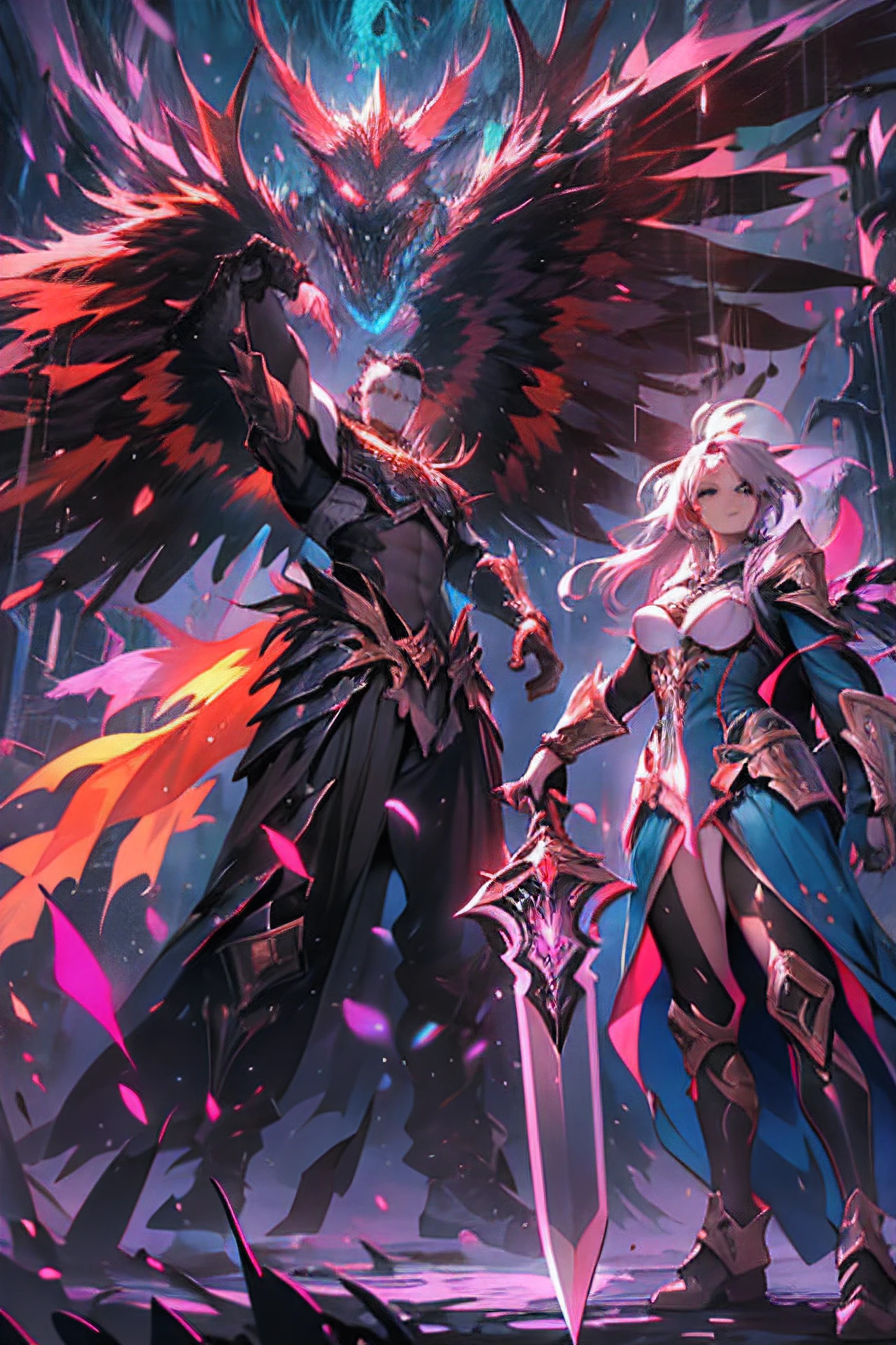 digital art, powerful warriors armor with a powerful magical sword with big magical wings , fighting pose , anime style, masterpiece, beautiful and majestic, cool background with particules and glowing magical feather in the air , KRITA digital painting , beautiful mix of colors , ((ultra detailed 0.8, ultra detailed 0.8)), ((High contrast 1.2)), ((High Definition 1.2)), ((HDR 1.3))