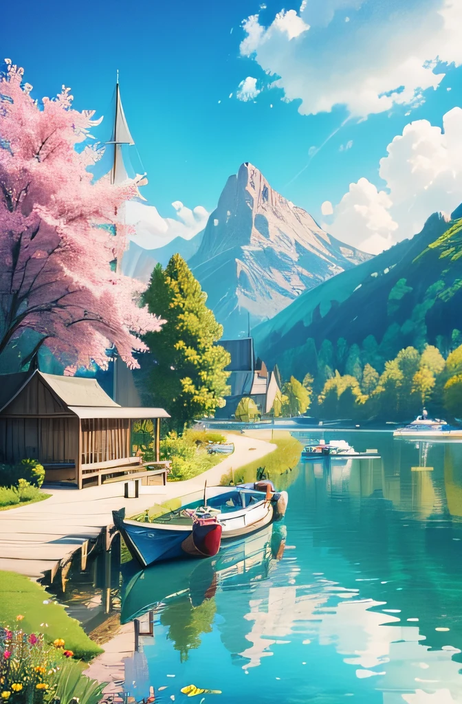 lagoon, beautiful, crystal clear water, boat sailing, fish, green grass, flowers, vibrant colors, high resolution