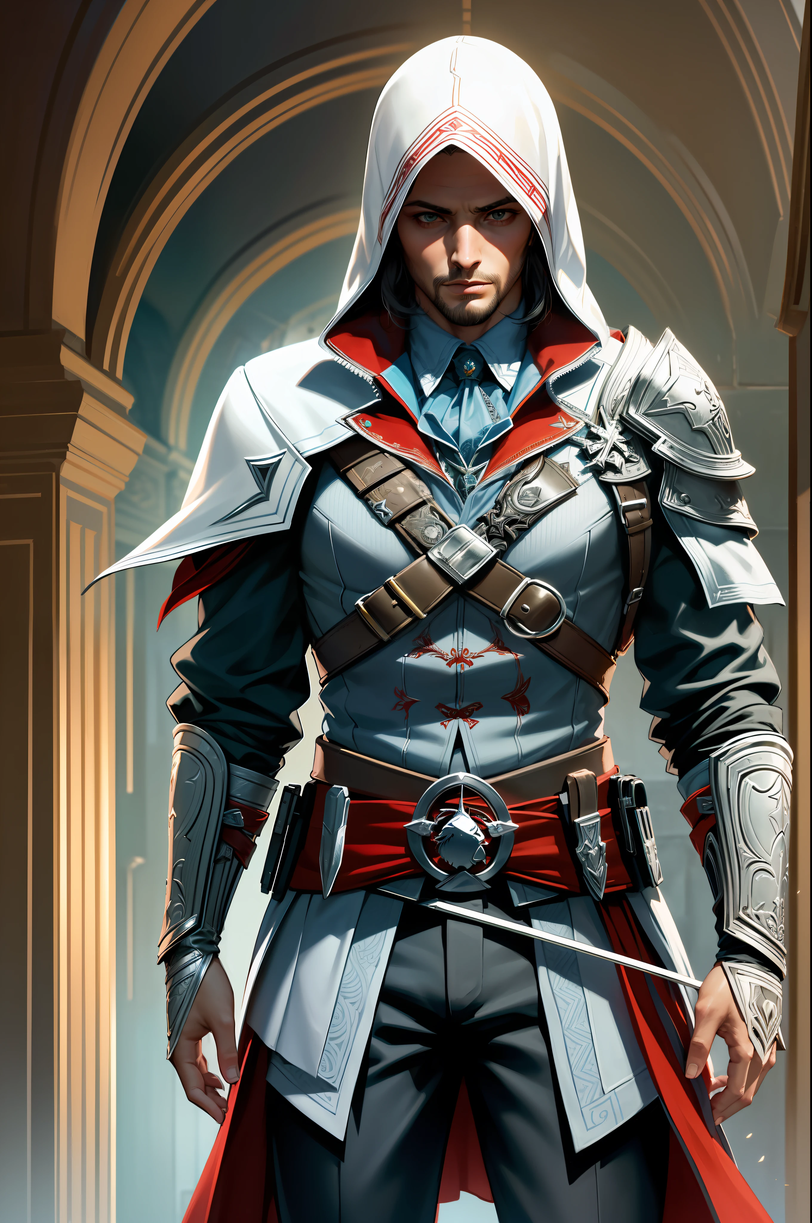 (traje rico em detalhes: 1.2, futuristic version, detalhes intricados, FHD) + (ezio, personagem masculino de Assassins Creed, perspectiva ampla)