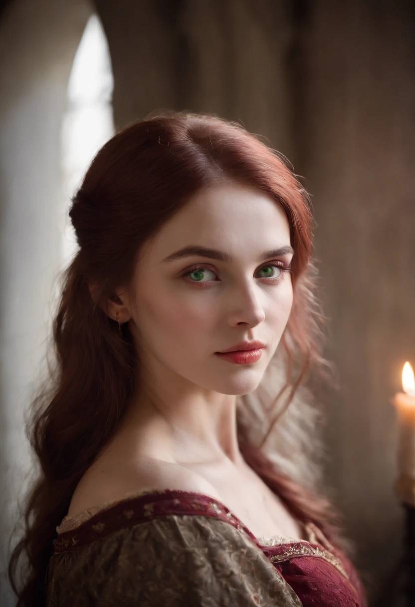 (((a deep reddish wound crosses her left cheek))) fair complexion, woman around 19 years old, natural white hair, distinctive green eyes, wearing kohl, slender and graceful, beautiful, candlelight in a medieval setting, ultra sharp focus, realistic shot, medieval female clothes, tetradic colors (scar:1.4)