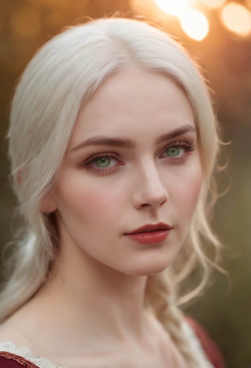 (((a deep reddish wound crosses her left cheek))) fair complexion, woman around 19 years old, natural white hair, distinctive green eyes, wearing kohl, slender and graceful, beautiful, candlelight in a medieval setting, ultra sharp focus, realistic shot, medieval female clothes, tetradic colors (scar:1.4)