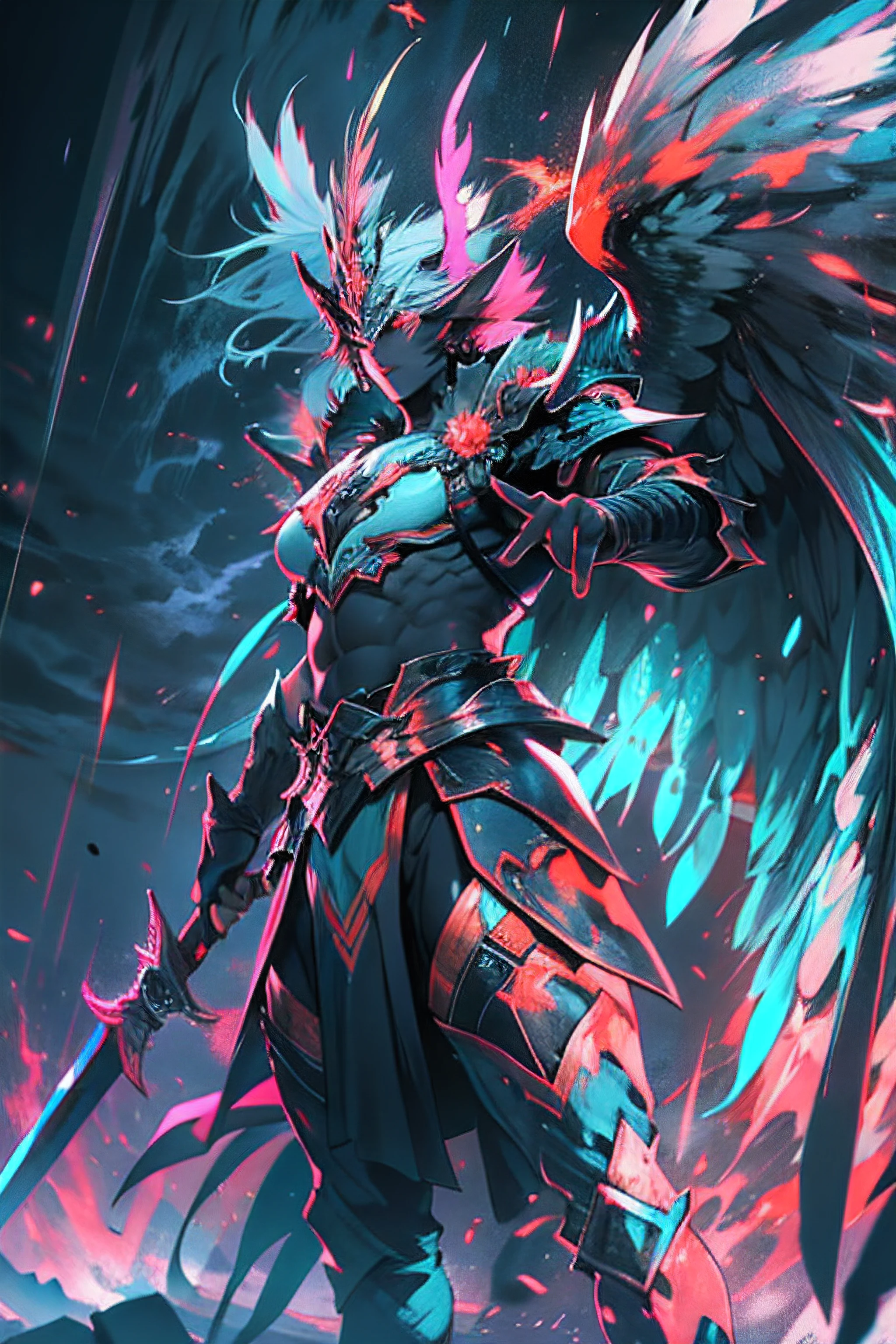 digital art, powerful warriors armor with a powerful magical sword with big magical wings , fighting pose , anime style, masterpiece, beautiful and majestic, cool background with particules and glowing magical feather in the air , KRITA digital painting , beautiful mix of colors , ((ultra detailed 0.8, ultra detailed 0.8)), ((High contrast 1.2)), ((High Definition 1.2)), ((HDR 1.3))