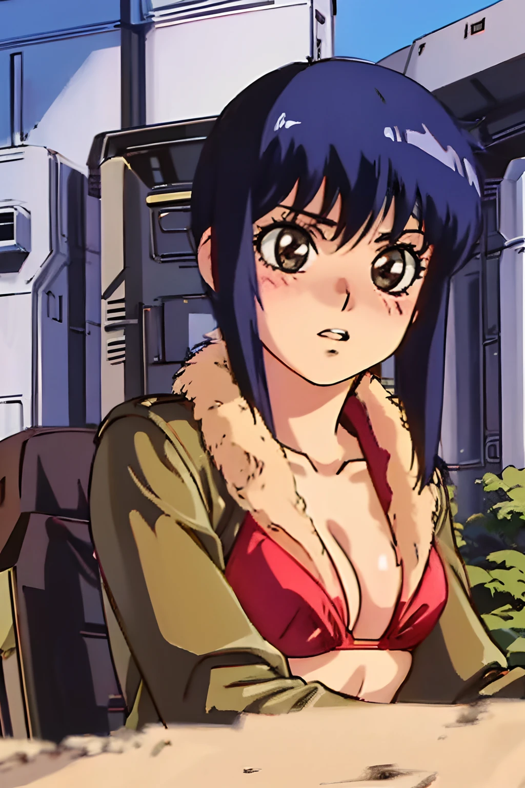 1girl in, Sandy, ((plein air:1.4)), ((Red bikini:1.4)), Middle hair, darkblue hair, Bangs, Gray eyes, Solo, Solo Focus, female focus, Face Focus, Upper body,