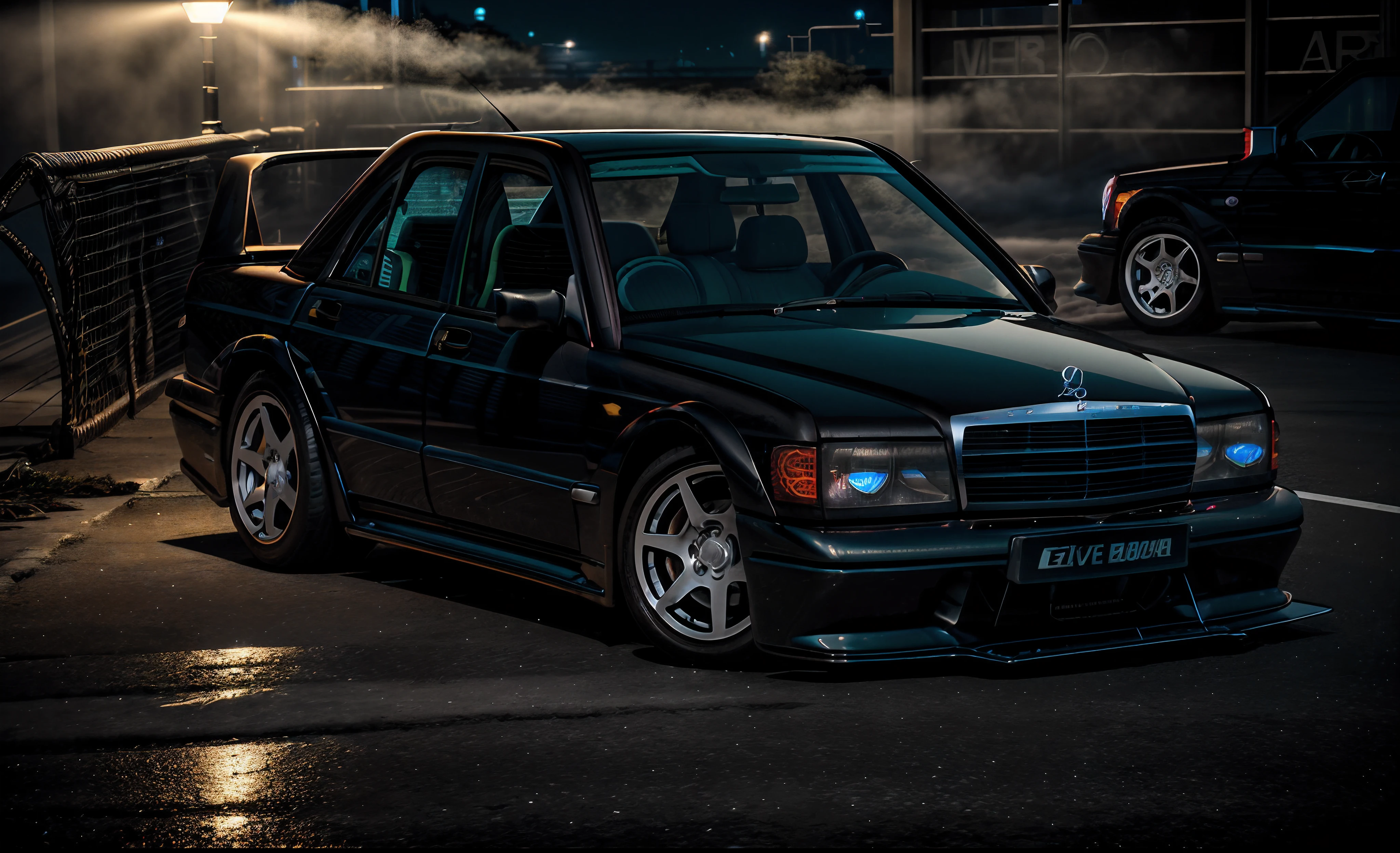 mid distance shot of detailed raw hd photo of a (190evo:1.4) ,car,vehicle,ground vehicle,sedan,4 door vehicle,parked inside a (darkly lit parking garage ,dimly lit, low key )grunge, urban menacing ambience, metal pipes, concreate, decay (nighttime, pitch black, moody and dark:1.3) (glowing headlights:1.2),(Highres), (Detailed Illustration), Ultra-Detailed, Ambient Light, Backlighting, Realistic Shadows, , Light Particles, Digital Art, Soft Light, Soft Lighting, White Light, White Lighting,Indirect Lighting, Reflections,f / 3 2, 3840 x 2160 ,arafed,best quality,High Detail, Sharp focus, ((photorealism)), realistic, best quality, 8k, award winning, dramatic lighting, epic, cinematic, masterpiece, depth of field, volumetric lights, (ambient fog:1.3), dutch angle, rim light, wide angle lens, steam,