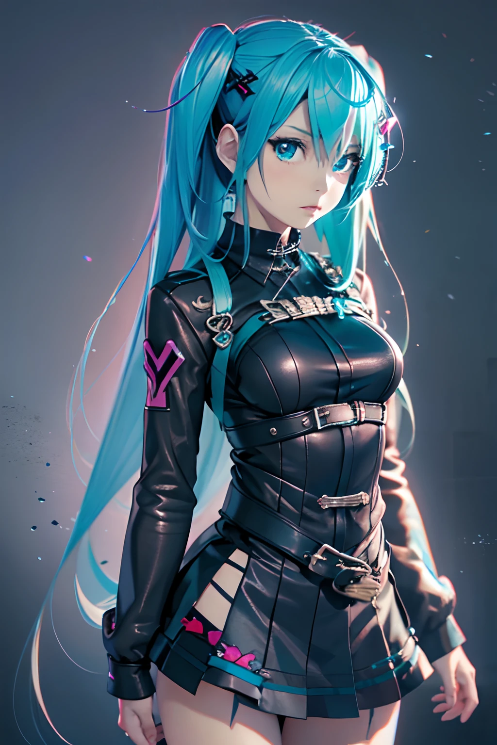 goth_punk, 1girl in, 独奏,、top-quality, Photorealistic, An ultra-fine illustrations, beautiful attractive anime girl, miku hatsune, Slender body, Tied hair, one girls, a photo of girl, Full body shot, Beautiful blue eyes, Turned,