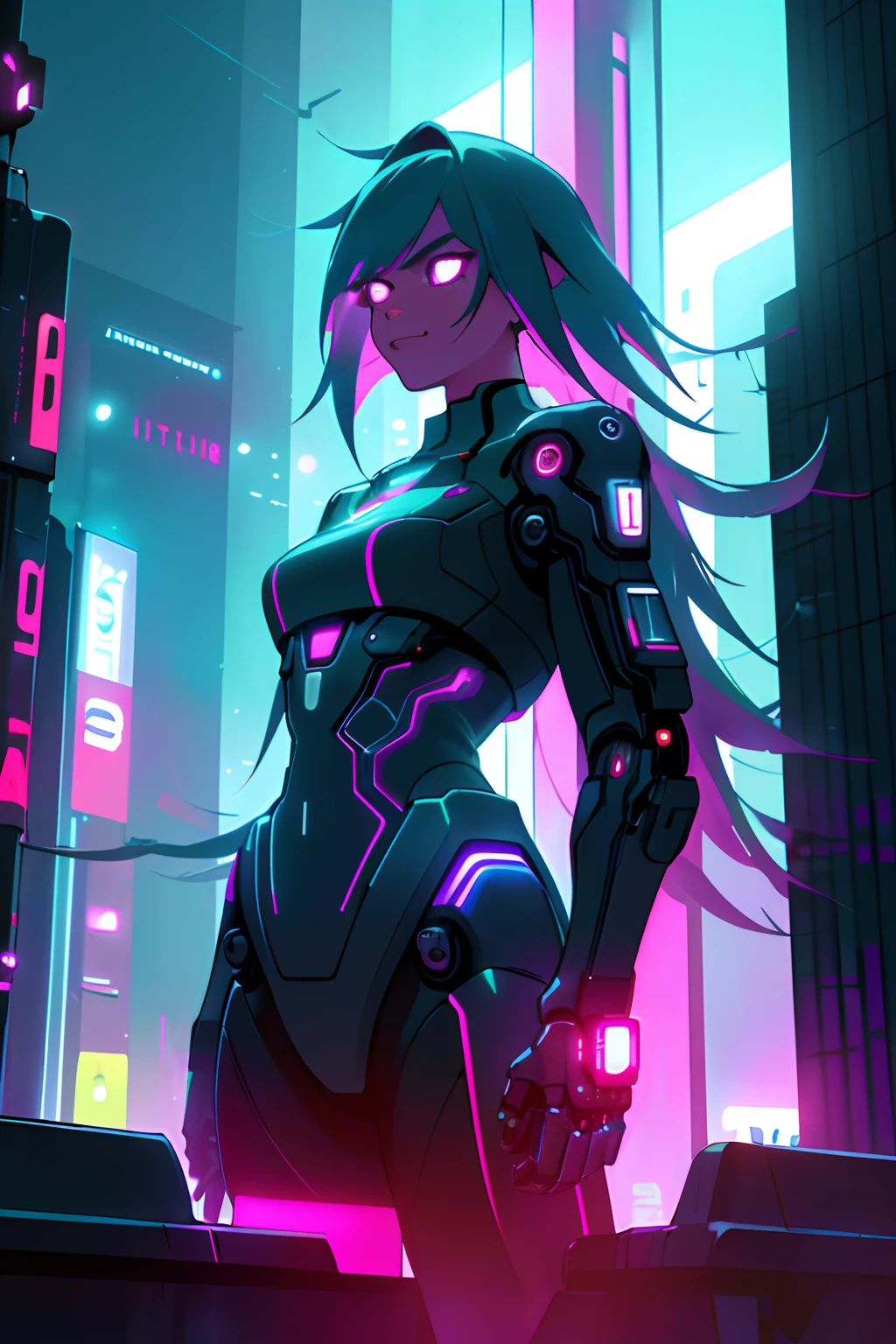 (A girl with cybernetic implants in a futuristic city at night),(neon lights, holographic advertisements, Carros voadores),(best quality,ultra-detalhado,Altas),(Cyberpunk,scientific fiction),(cores vibrantes,tons escuros), (dynamic lighting,Candeeiros de rua,sinais luminosos)