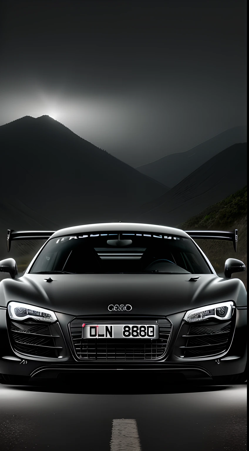 Detailed raw HD photo medium-distance photo of a (full carbon Audi R8 Racecar) with a big spoiler, race decals, racing up a mountain on a curved road looking over a (darkly lit, dimly lit, discreet) grunge city, , menacing urban environment, metal tubes, concreating, decay, micro-details, hyperdetailed, raytracing, realism, crystal clear, photorealism, photorealistic,
(nocturnal, pitch, moody and dark:1.3) (bright headlights: 1.2)