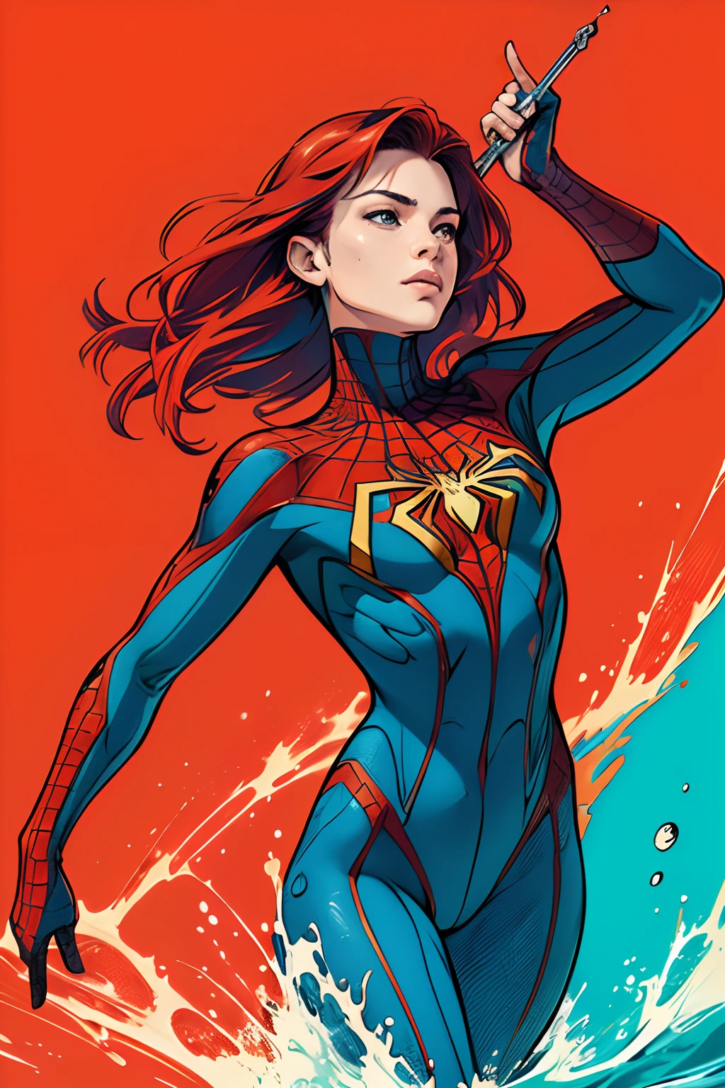 (masterpiece, award winning, best quality:1.3), (flat color:1.3),(colorful:1.3),looking at viewer,1girl,((solo)),floating in colorful water,(2D:1.3), perfect lighting, perfect shading, (realistic:1.2), (mature adult:1.27), (dynamic pose), detailed, intricate, beautiful, gorgeous stunning, cinematic, epic, (Photorealistic:1.5), spiderman