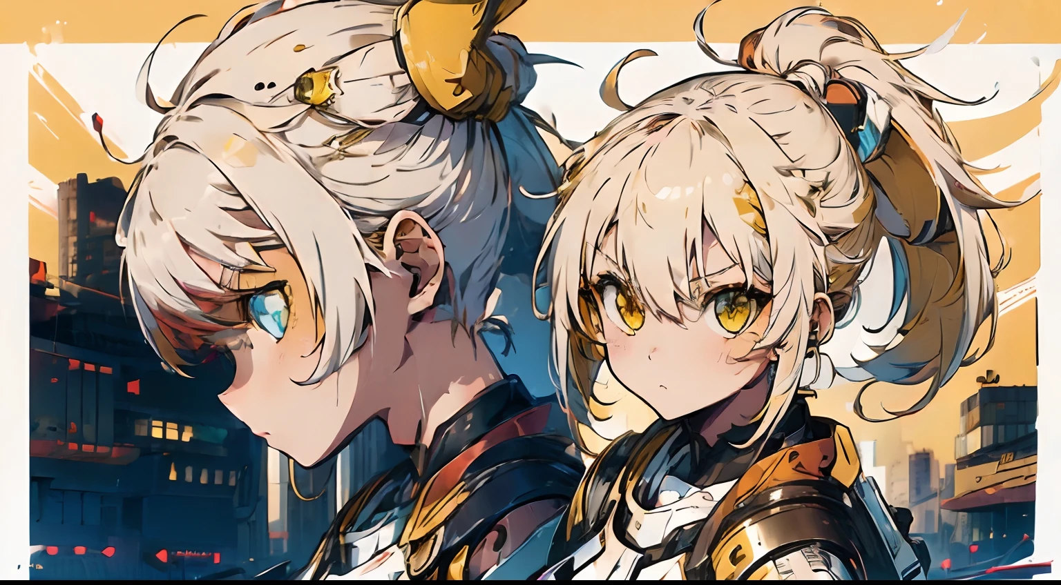 (((girl))),(middle body shot),(split-color hair),(split-color yellow hair and white half),(ponytail Hairstyles),(Heterochromia), downtown, cute girl, urban upbringing,1boy,niji,mecha suits,angry
