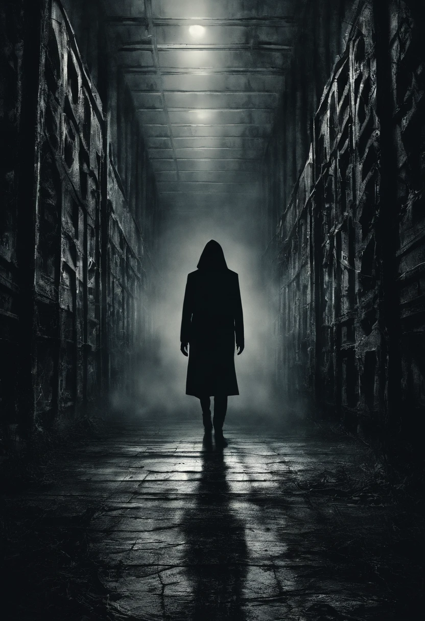 Generate a description for an image that depicts a dark, claustrophobic environment, where lighting is minimal, casting only faint and menacing shadows. In the midst of the gloom, surgem silhuetas de pessoas, distorted and unrecognizable, que inspiram um profundo sentimento de medo e terror. The colors in the scene are erased, envolvendo o espectador em uma atmosfera de nictofobia, onde o escuro se torna um verdadeiro pesadelo.