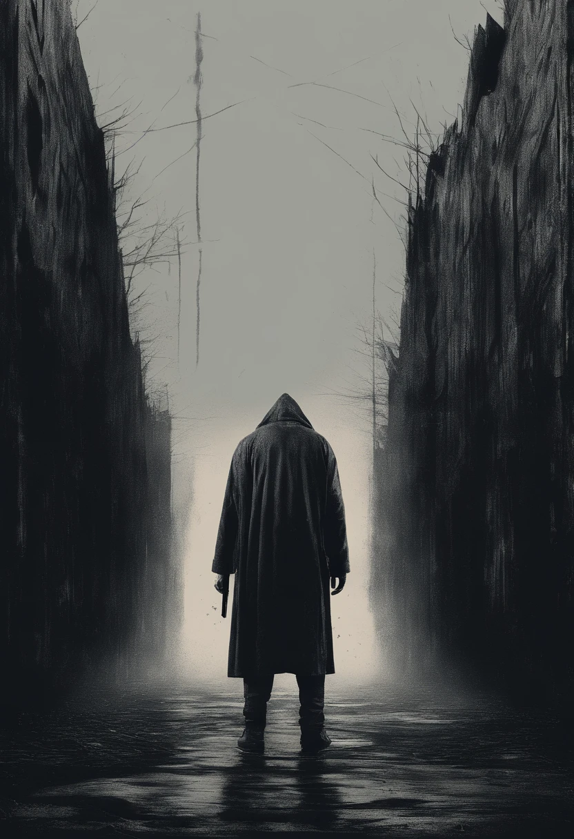 Generate a description for an image that depicts a dark, claustrophobic environment, where lighting is minimal, casting only faint and menacing shadows. In the midst of the gloom, surgem silhuetas de pessoas, distorted and unrecognizable, que inspiram um profundo sentimento de medo e terror. The colors in the scene are erased, envolvendo o espectador em uma atmosfera de nictofobia, onde o escuro se torna um verdadeiro pesadelo.