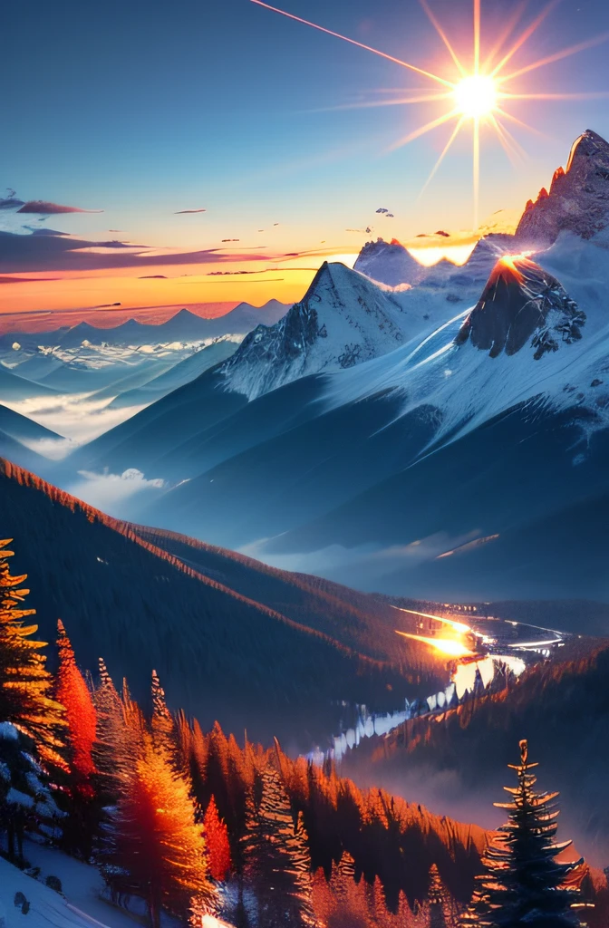 high mountain, dawn of the day, sun rising, bright colors, trees, beautiful landscape, sun rising