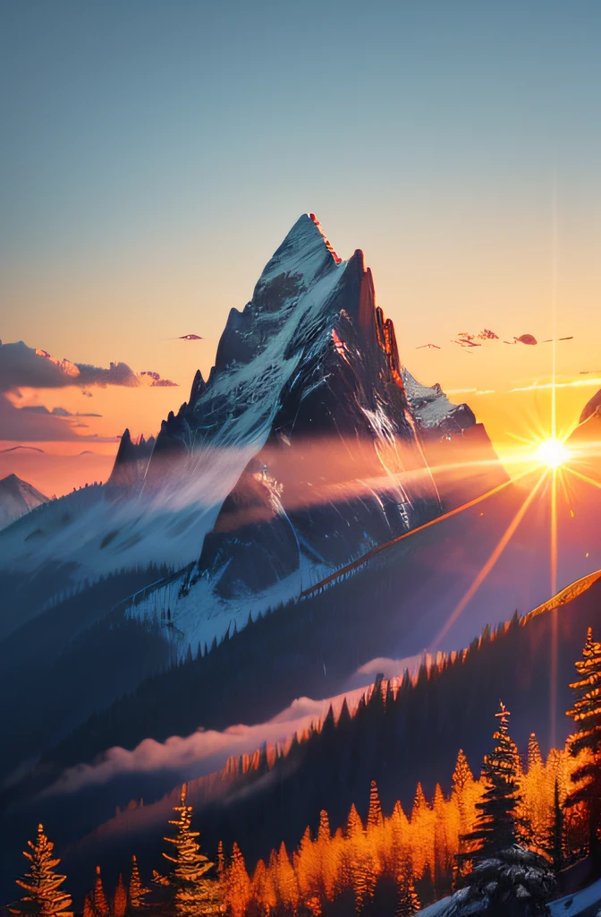 high mountain, dawn of the day, sun rising, bright colors, trees, beautiful landscape, sun rising