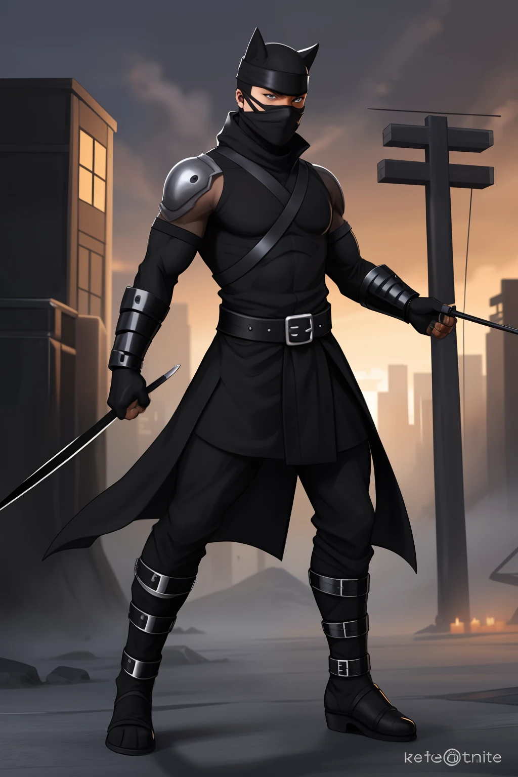 Create an imagine of a black ninja after an apocalypse in the future