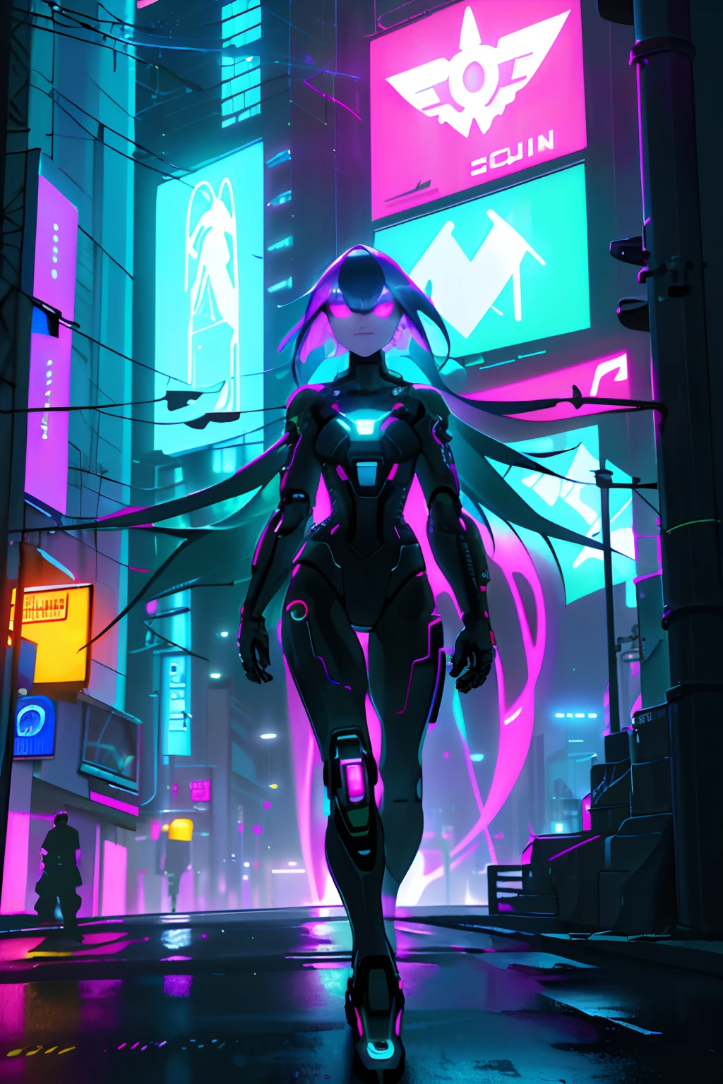 (A girl with cybernetic implants in a futuristic city at night),(neon lights, holographic advertisements, flying cars),(best quality,ultra-detailed,highres),(cyberpunk,sci-fi),(vibrant colors,dark tones), (dynamic lighting,street lamps,glowing signs)