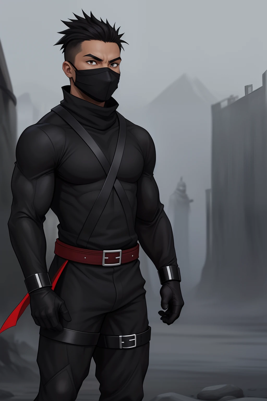 Create an imagine of a black ninja after an apocalypse in the future