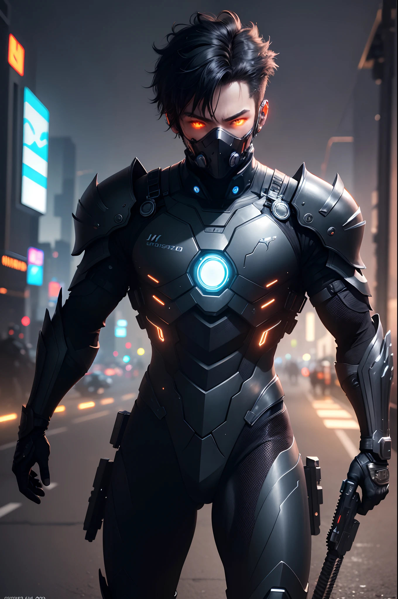 ultra detail, high resolution, ultra detailed, best quality, amazing, top quality, extremely detailed CG unity 8k wallpaper, cinematic lighting, cyberpunk, full body armor and gear, face mask dark boy, cyber wear, glowing eyes,front side, upper body from chest to head, with weapons on his hand,