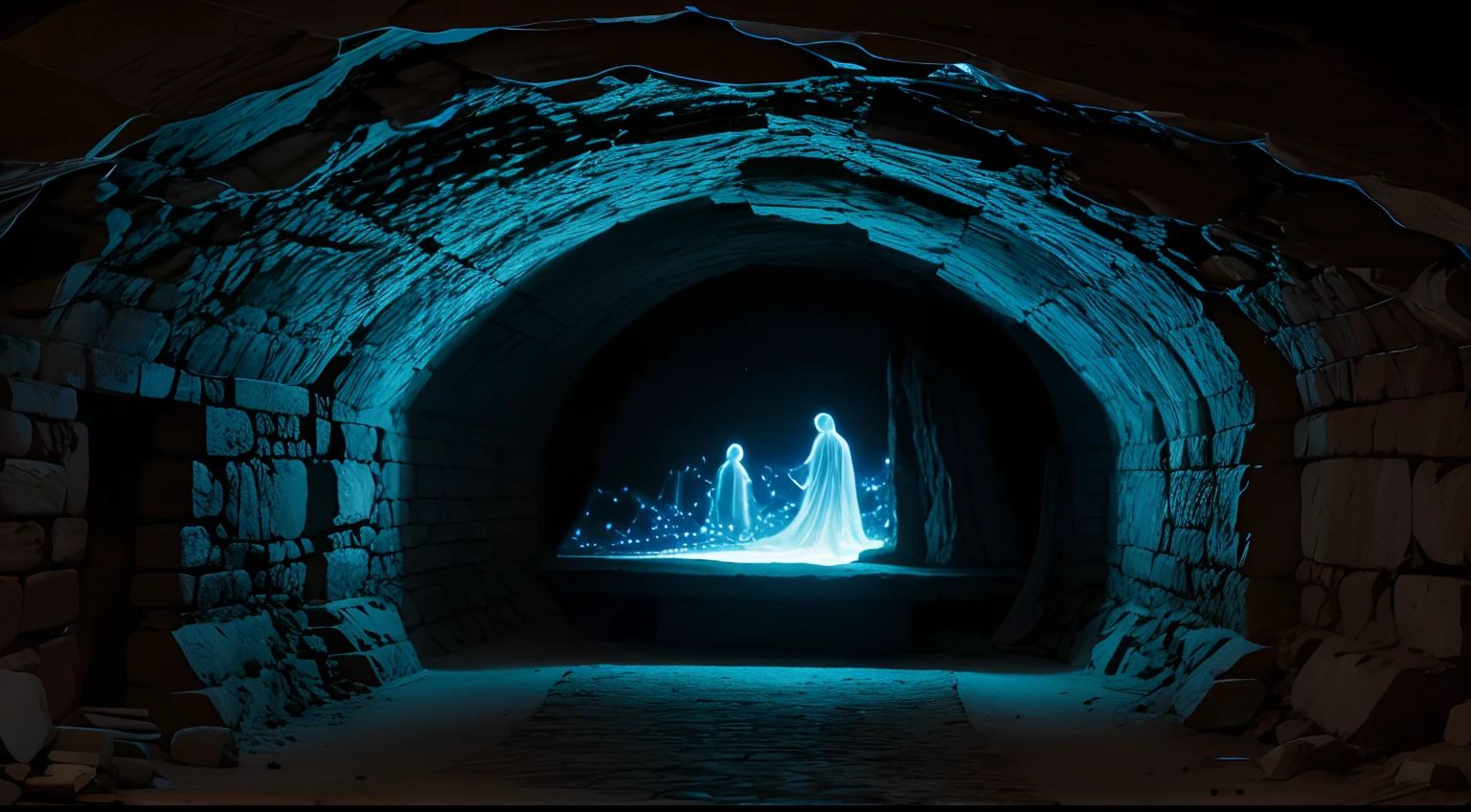 Ghosts and projections of cinematographic lights on stone cave walls