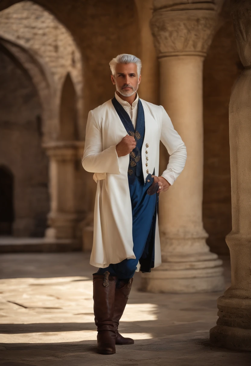 Elegant man, Physique fort, Robe blanche, pantalon arabe de couleur blanche, Chemisier noble bleu clair, bottes blanches, Messy light blue hair, Regard de satisfaction, Cheveux courts, dark blue eyes, apparence noble, tenant une lance en argent, Old castle, Medieval setting.