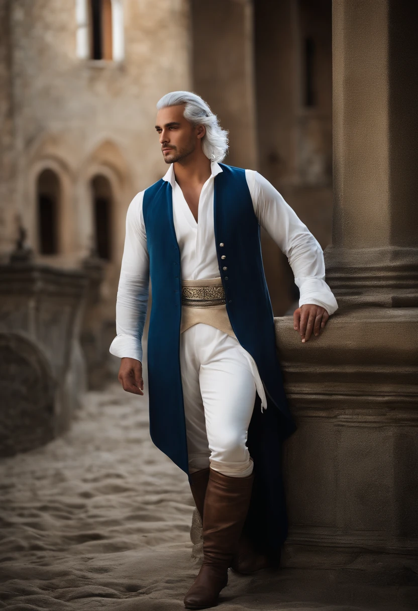 Elegant man, Physique fort, Robe blanche, pantalon arabe de couleur blanche, Chemisier noble bleu clair, bottes blanches, Messy light blue hair, Regard de satisfaction, Cheveux courts, dark blue eyes, apparence noble, tenant une lance en argent, Old castle, Medieval setting.