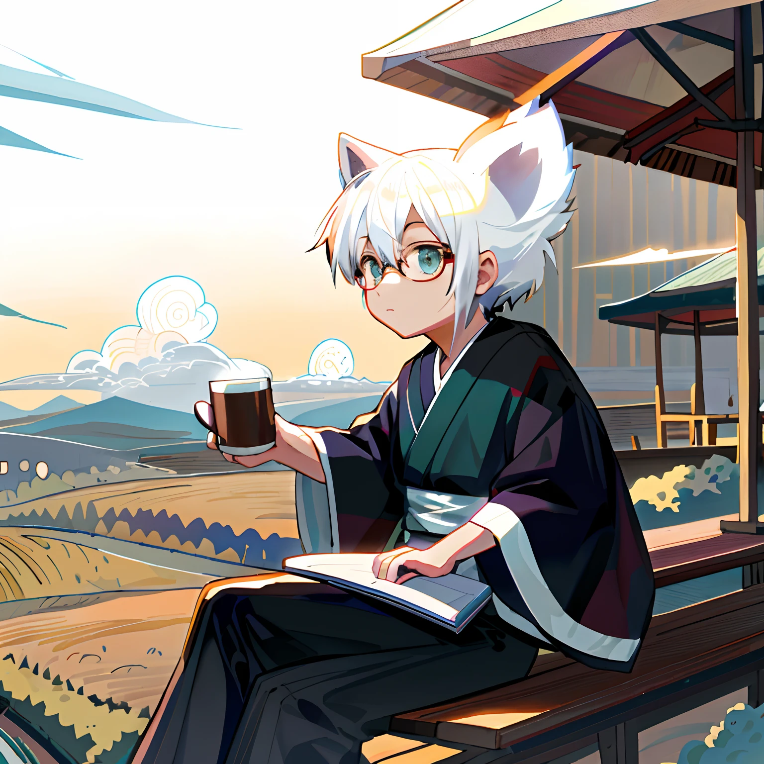 anime character sitting on a bench with a cup of coffee, anime moe artstyle, Kemono, inspirado em Josetsu, Arte Oficial, inspired by Uragami Gyokudō, fanart detalhado, fanart oficial, commission for, em um quimono, Natsume Yuujinchou, shigenori soejima illustration, em estilo anime, de touhou,anime, a man with white hair and glasses, usando um capuz branco, um louco de cabelos prateados, cabelos brancos, divindade de cabelos brancos, cabelos brancos, killua zoldyck cabelo preto, Fubuki, personagem de anime masculino, personagem de anime, white hairs, ele tem cabelos grisalhos escuros, cabelos prateados, anime raposa branca, como um personagem de anime,com orelhas felinas,corpo inteiro,pose de luta,feliz